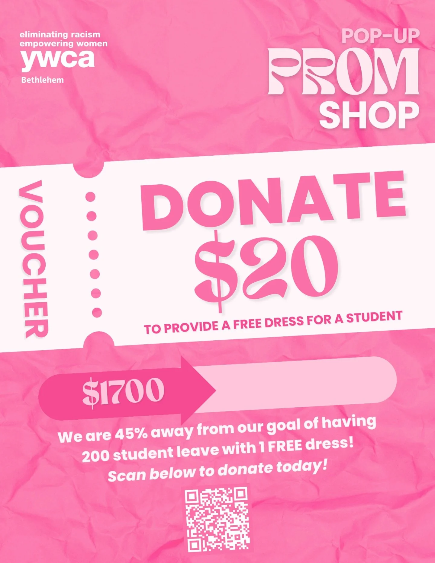We&rsquo;re ONLY $1,700 away from making prom possible for 200 girls in our community! 

For many students, prom is a once-in-a-lifetime milestone, but the cost of a dress can make it feel out of reach. Through YWCA Bethlehem&rsquo;s Pop-Up Prom Shop