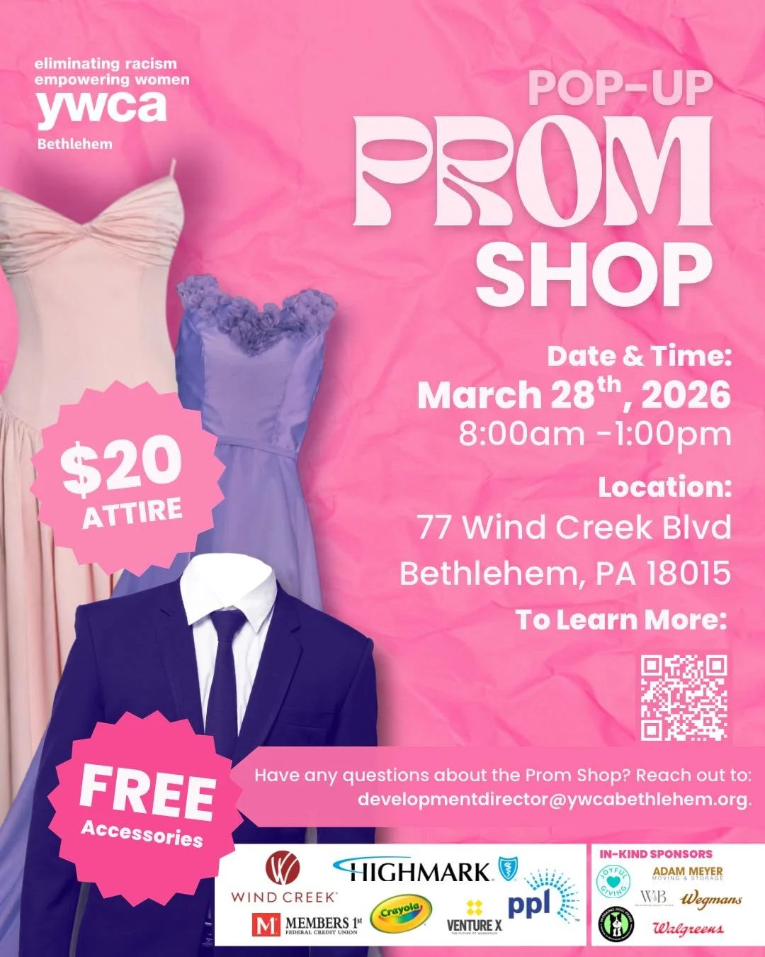 Prom season is almost here!! 👑

Join YWCA Bethlehem for our Pop-Up Prom Shop on March 28, 2026 from 8:00am-1:00pm at Wind Creek Bethlehem (77 Wind Creek Blvd,
Bethlehem, PA)!

Choose up to two stunning prom pieces for only $20 and get free accessori