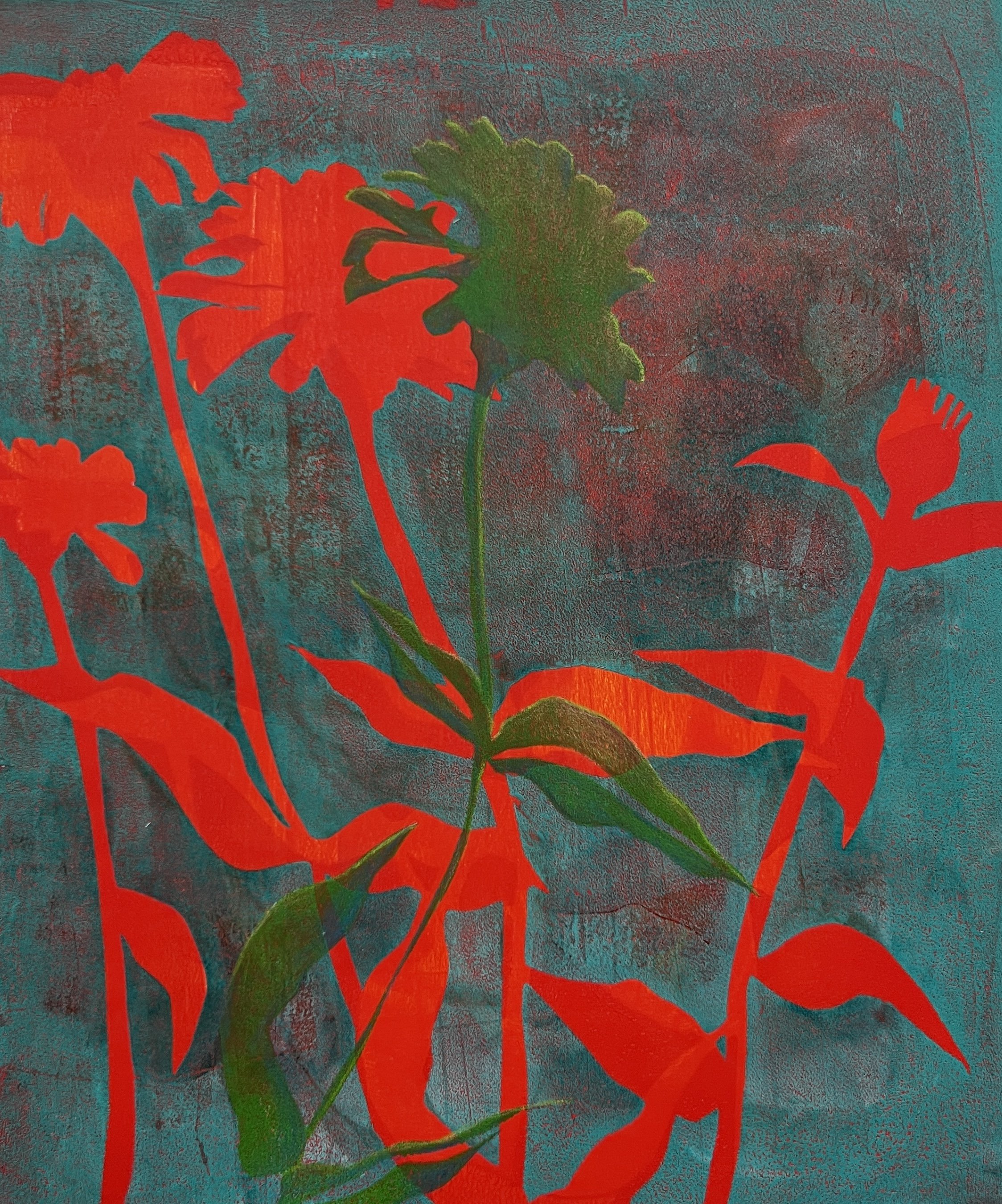 Red Zinnias, 2025. Mono print, mixed media on paper - 11" x 13"