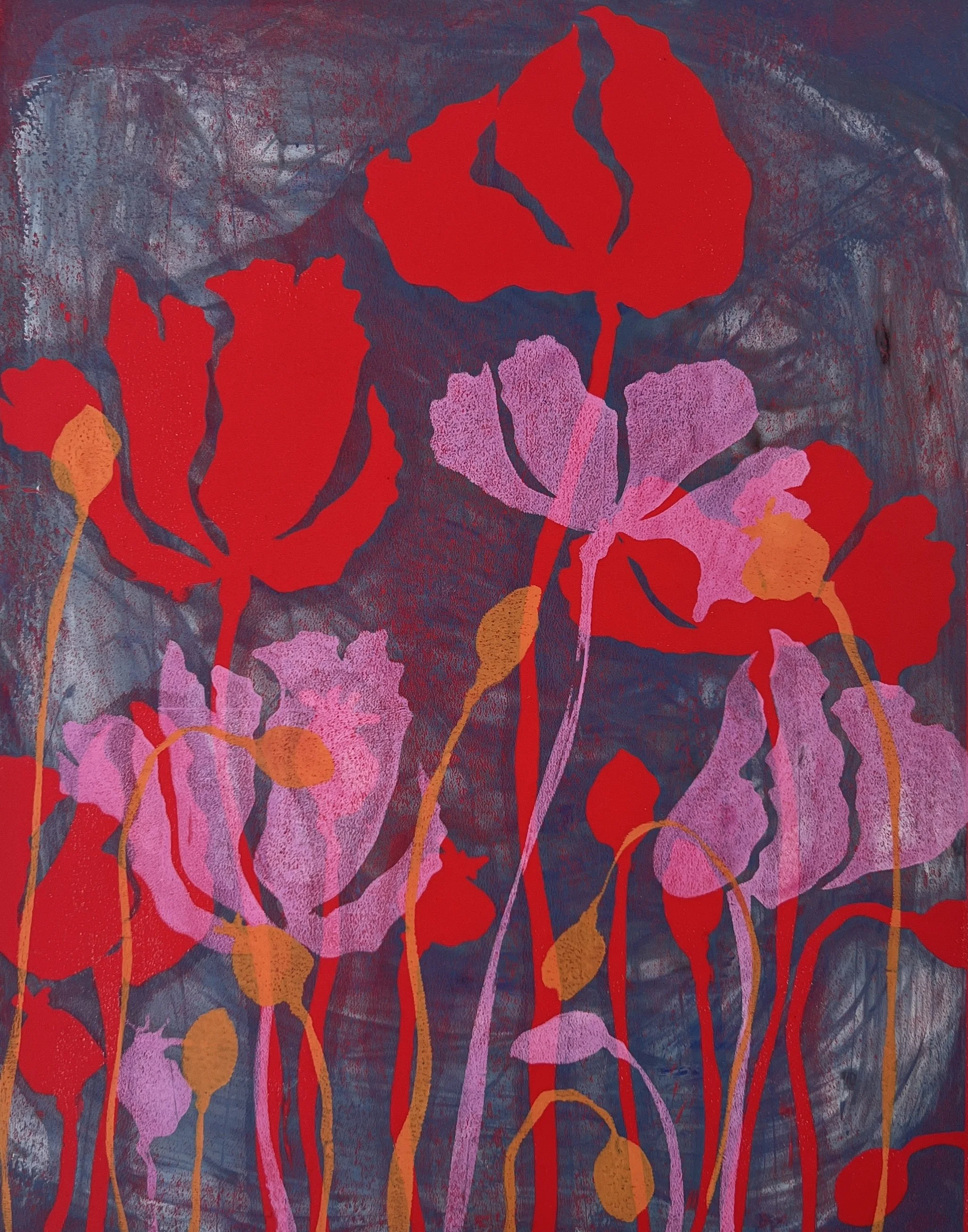 Red Burst Poppies , 2026. Mono print on paper.
19" x 15" unframed

$275.00