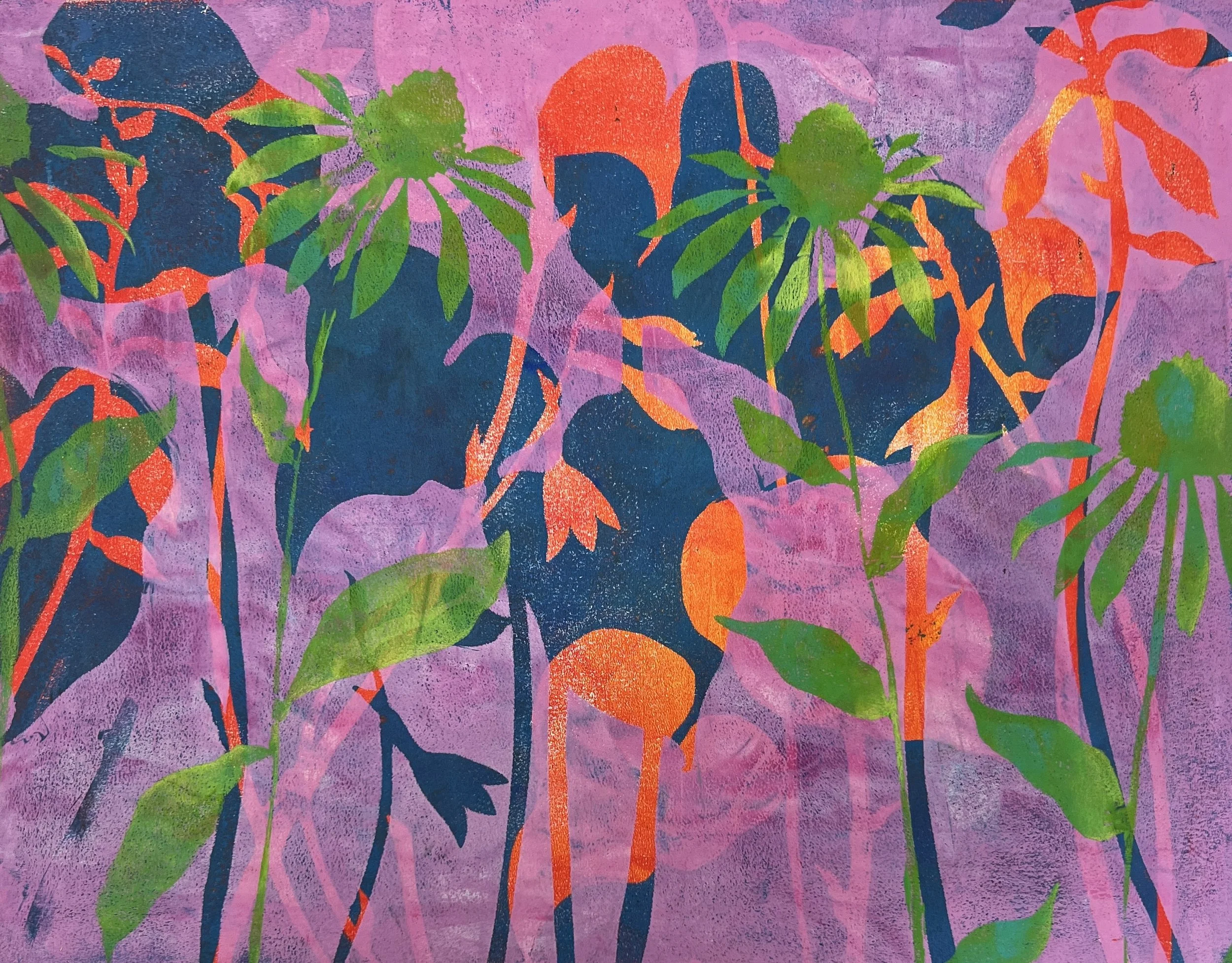 Cone Flowers in Green , 2026. Mono print on paper. 
15" x 19" unframed

$275.00