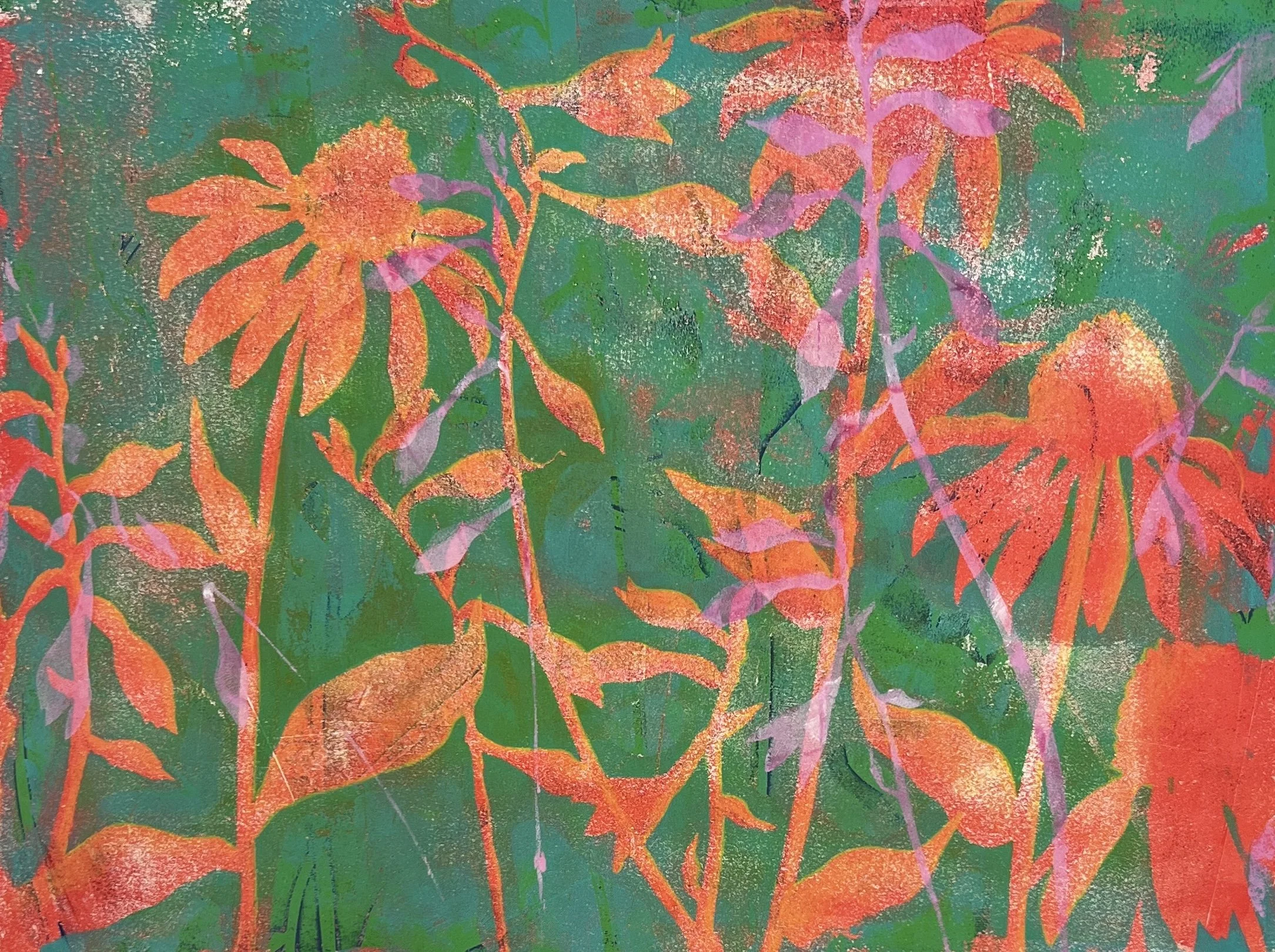 Orange Cone Flowers, 2026. Mono print on paper.
16" x 20" unframed

$275.00