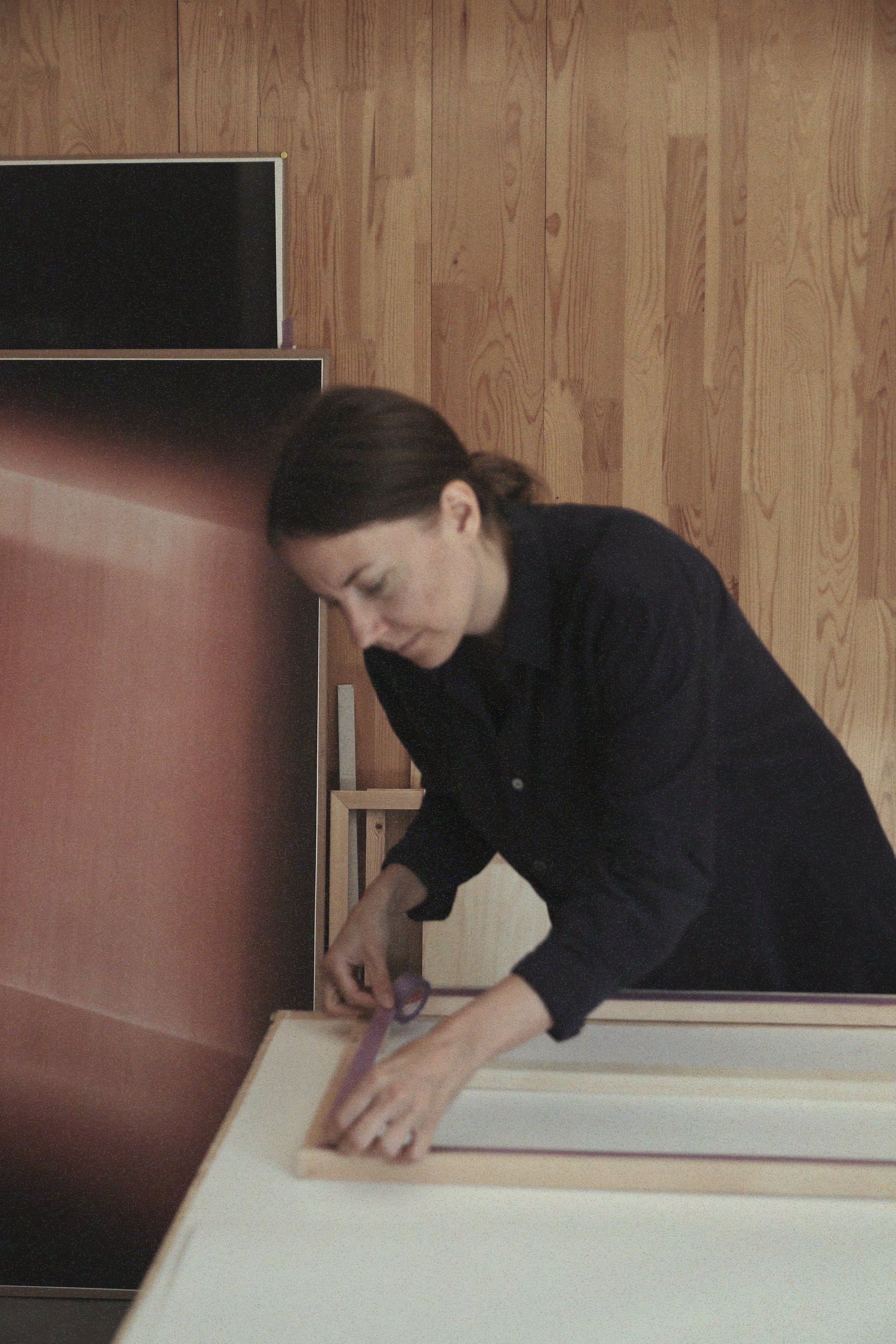 Swedish artist Ylva Carlgren portrait, making works at space of time gallery