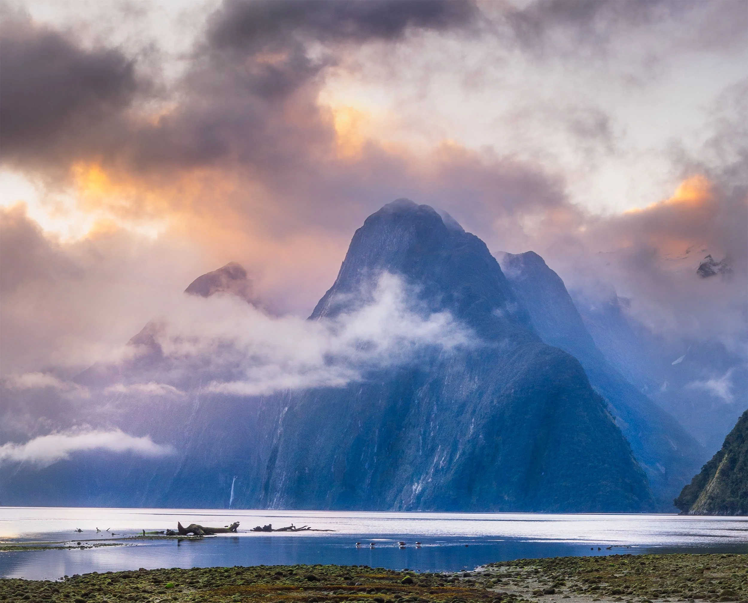A serene landscape featuring a body of water with fallen trees along the shore, mountains partially covered in mist in the background, and a sky filled with dark, dramatic clouds with hints of light breaking through.