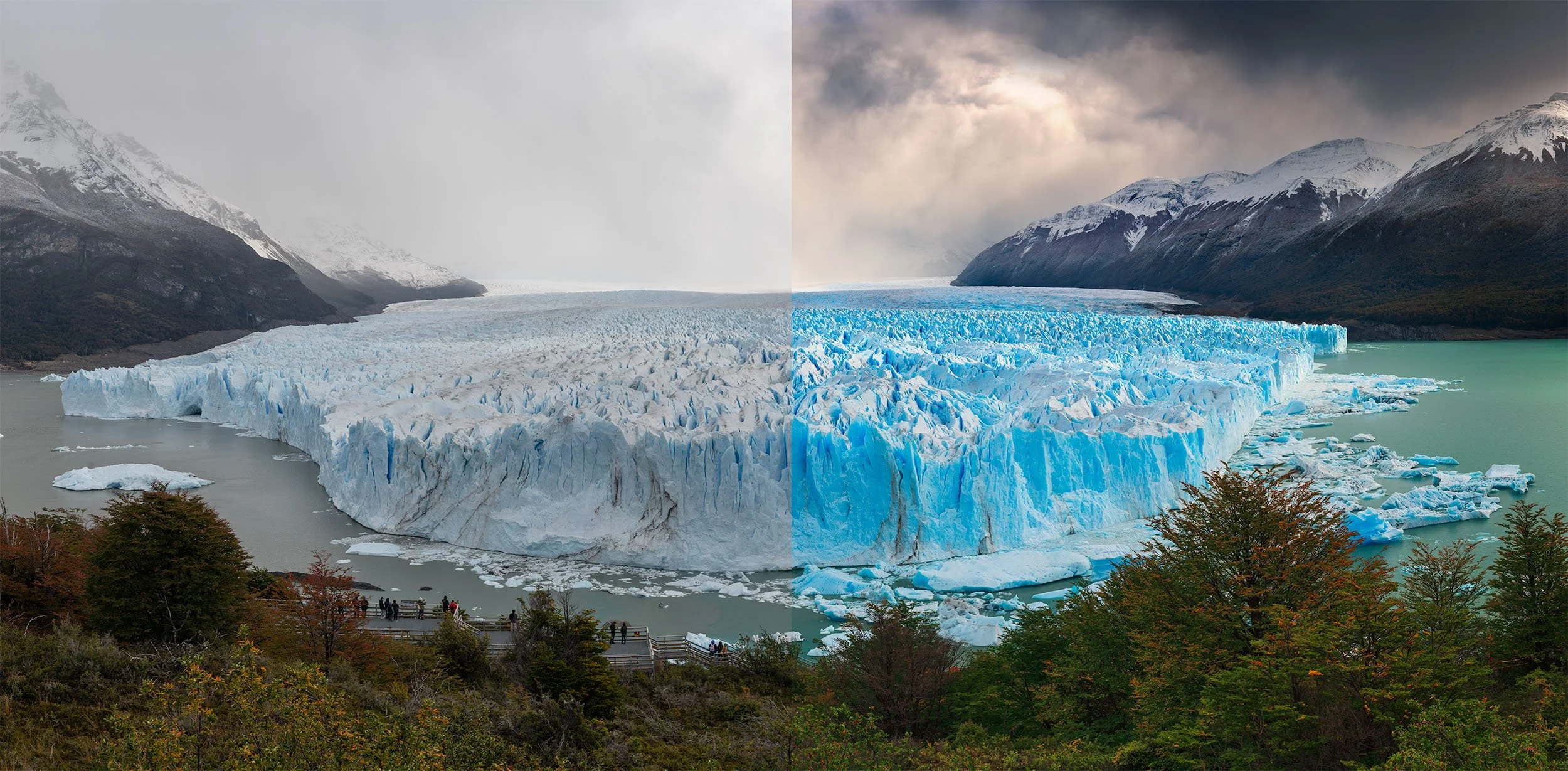 Before-and-after view of a large glacier: the left side appears flat and muted under overcast light, while the right side shows vivid blue ice with stronger contrast and depth, framed by mountains and autumn foliage in the foreground.