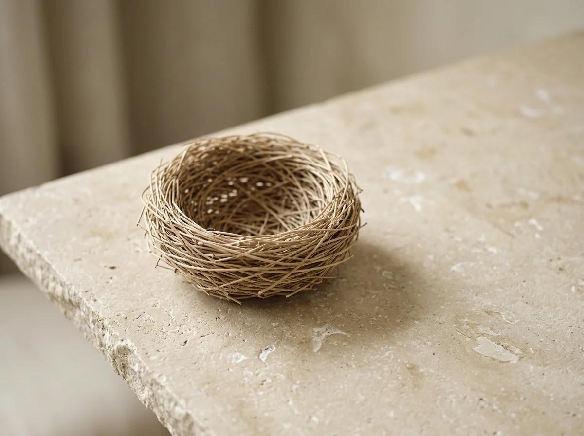 Small woven twig bird's nest on a beige stone tabletop