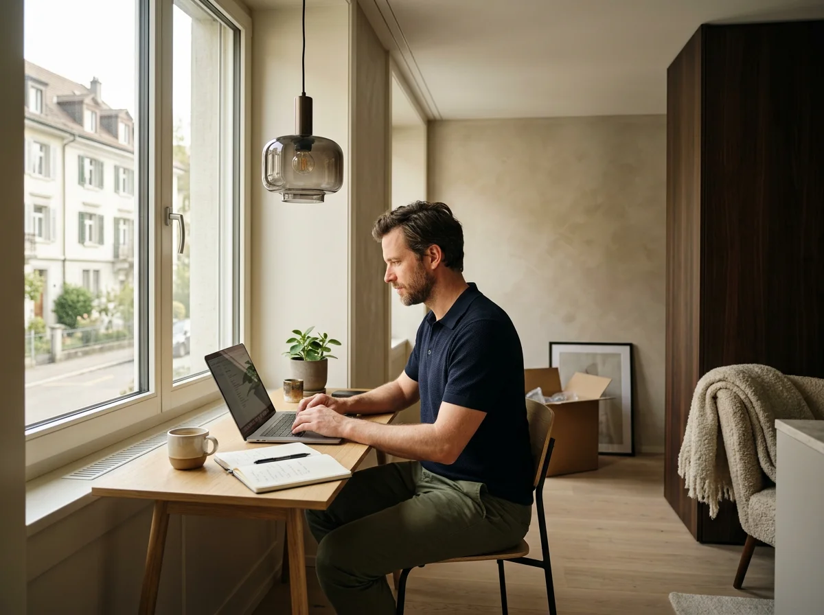 A man working on a laptop in a bright apartment with large windows and a city view, surrounded by moving boxes and plants.