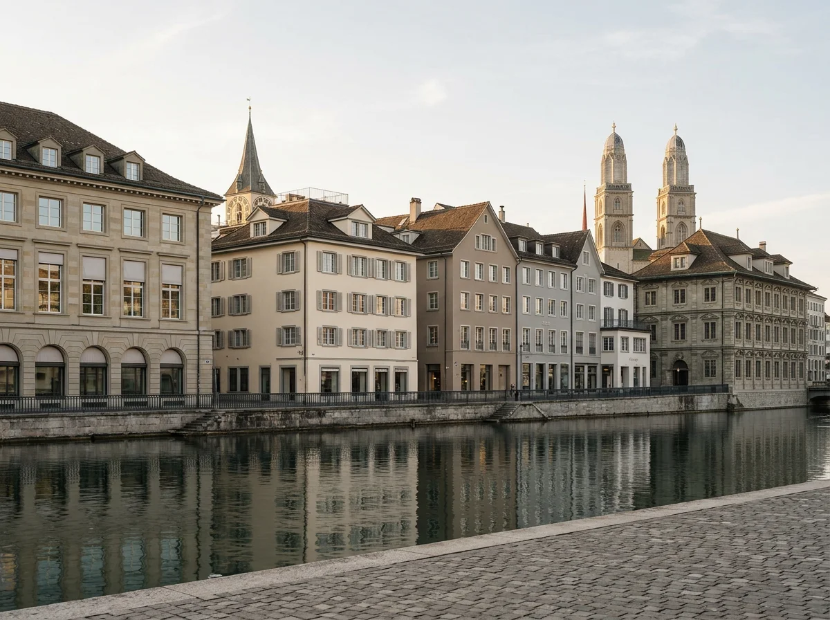 Historic Zurich waterfront with traditional buildings and the twin towers of Grossmünster reflected in the Limmat River
