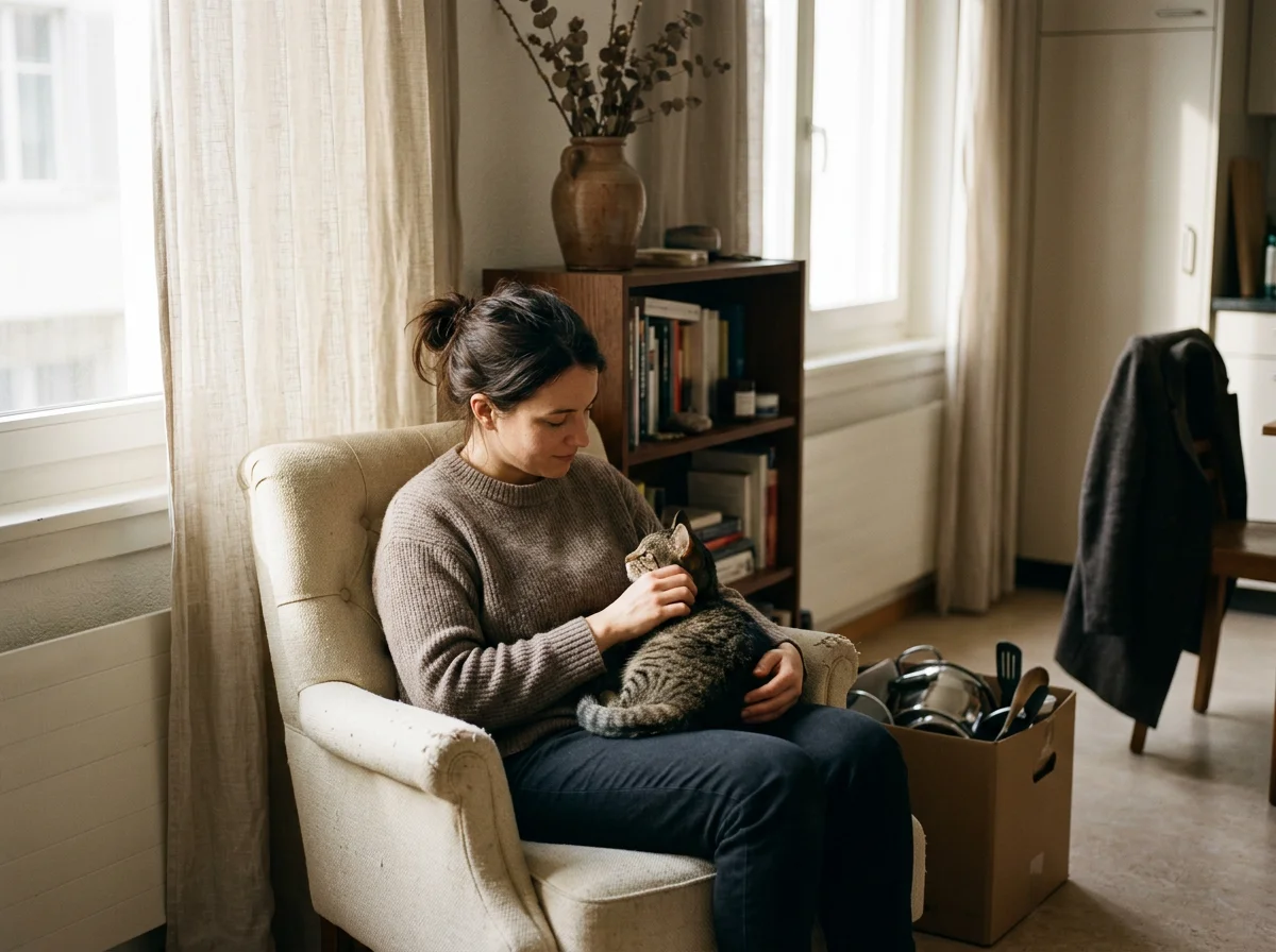 A woman and a cat inside a room with large glass doors opening to a garden with a view of a church and trees. The woman is sitting on a rug, smiling, with a laptop, notebooks, and a mug nearby, surrounded by moving boxes.