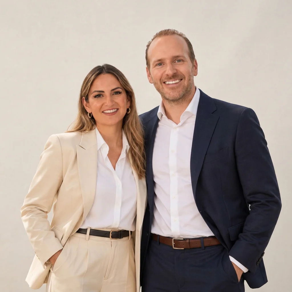Smiling business couple in coordinated cream and navy suits posing against a neutral background