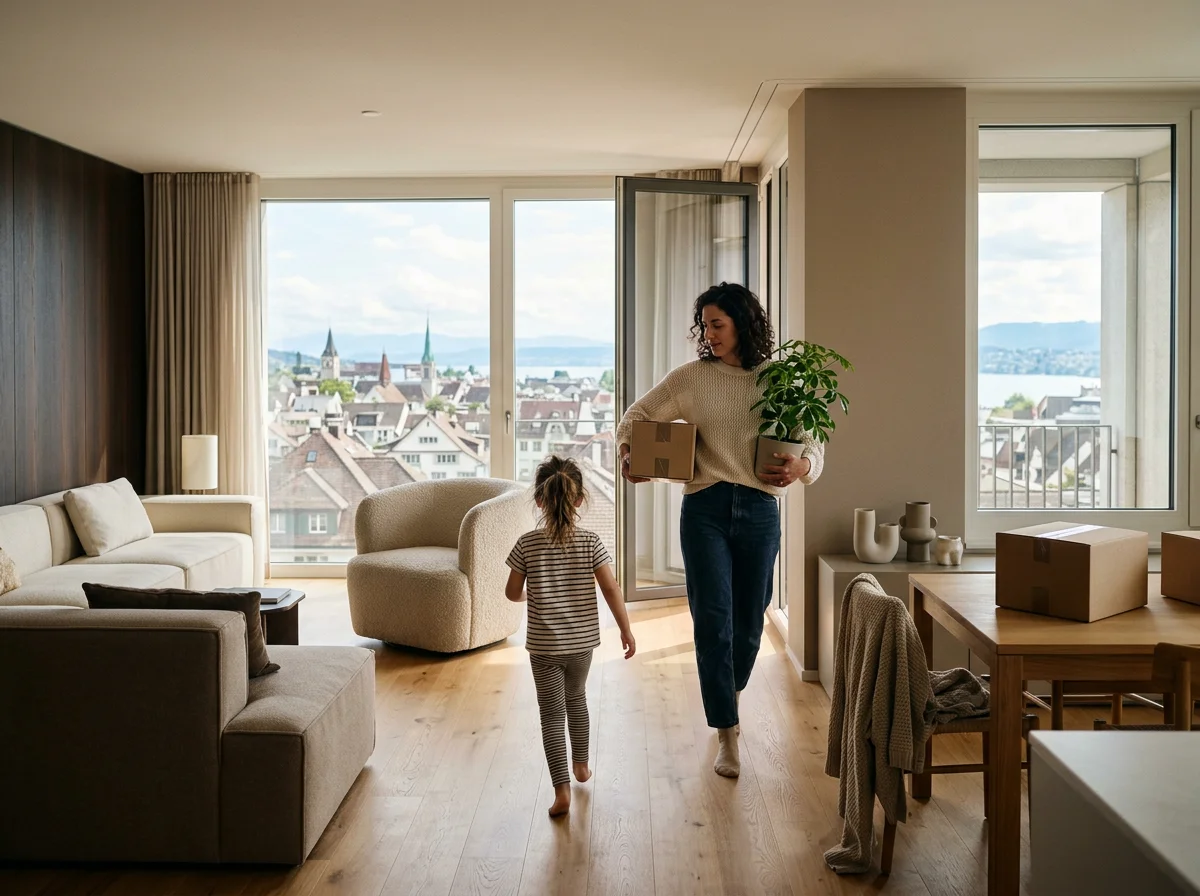 Family of five sitting on the floor, looking out a large open window at a cityscape with church steeples, lakes, and mountains in the distance during sunset.