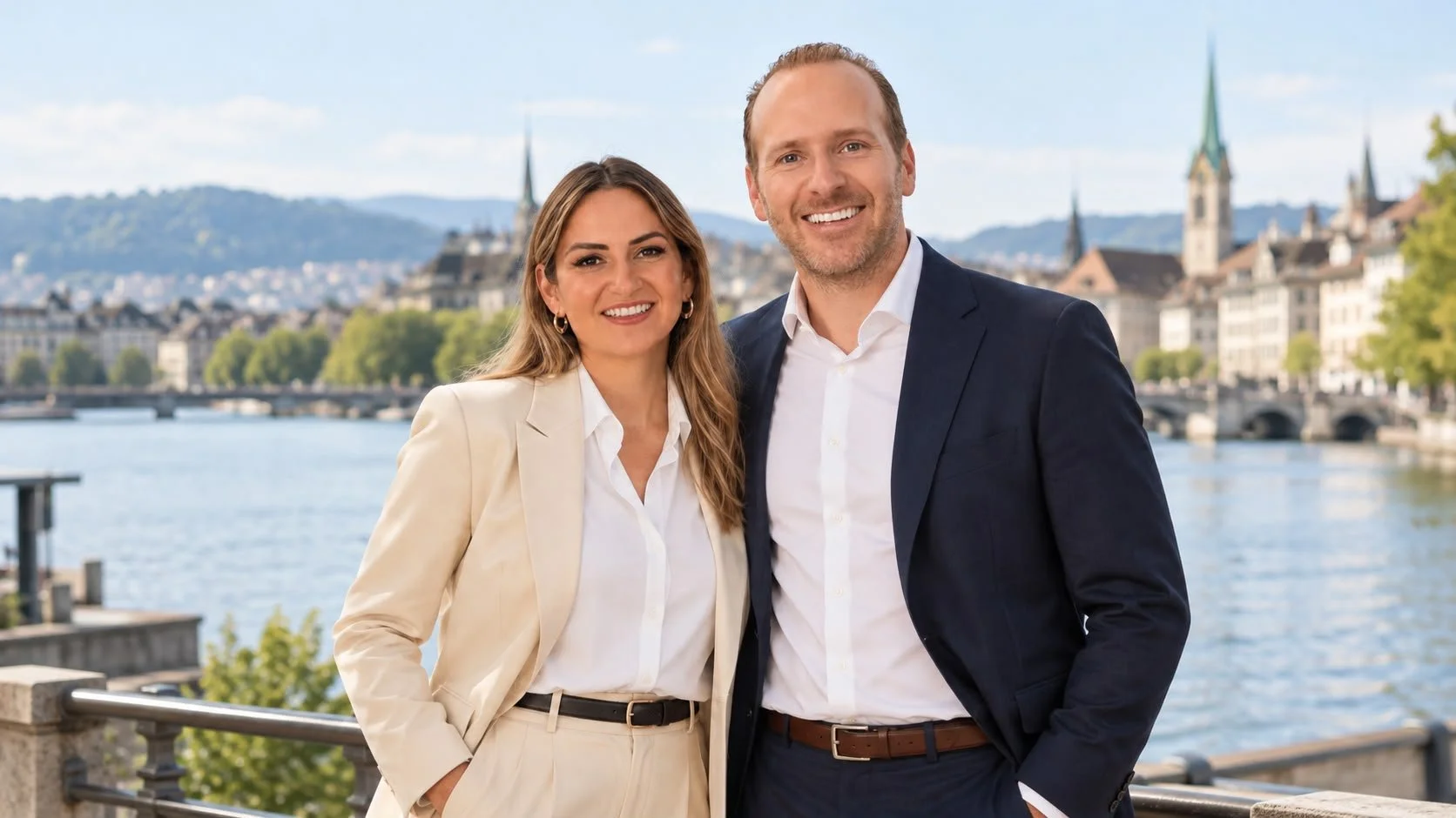 A woman and a man in business attire standing outdoors near a river with a cityscape and mountains in the background, smiling at the camera.