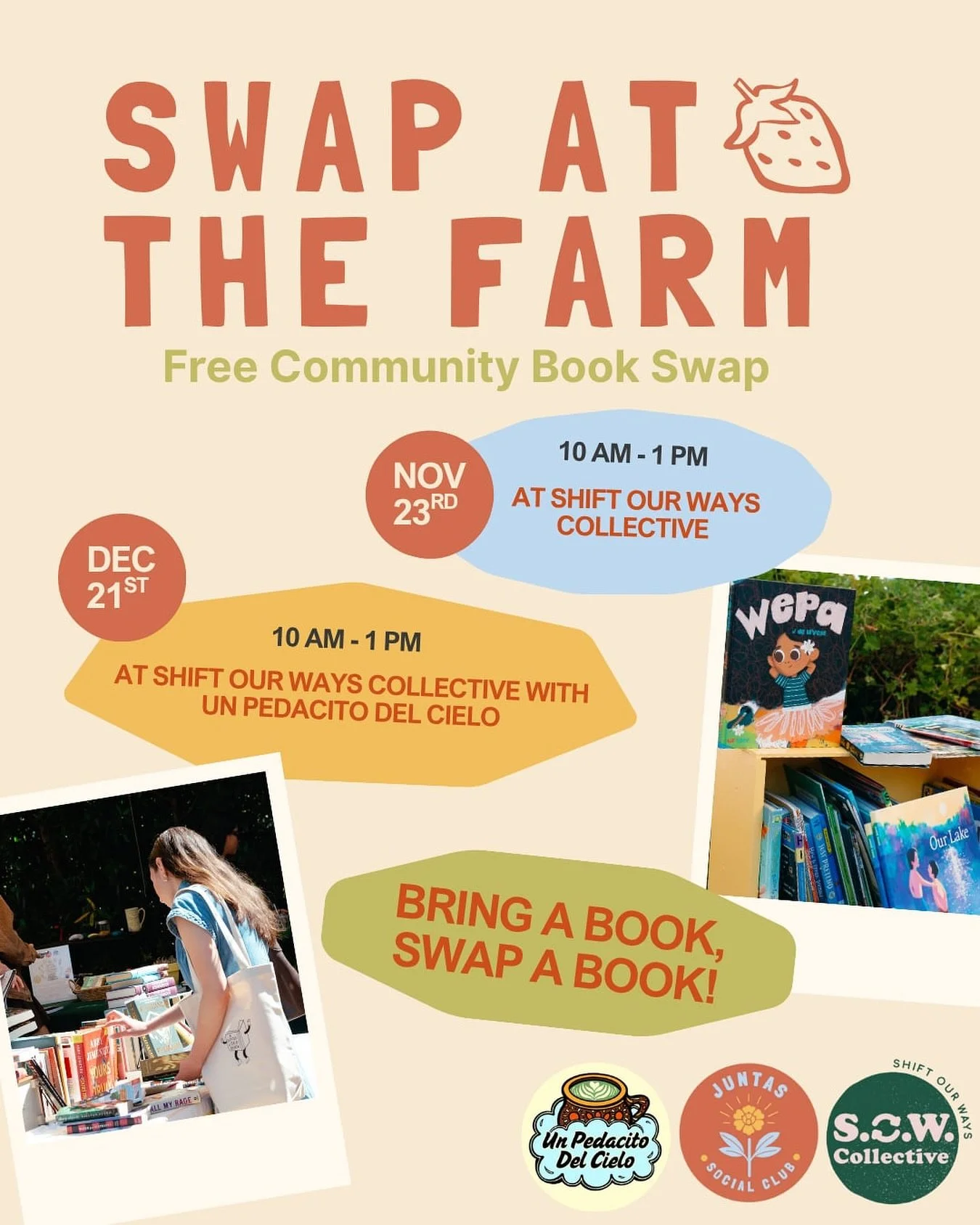 Our monthly Swap at The Farm with Shift Our Ways Collective is back! Bring a book, swap a book, or just pick up a new read, there&rsquo;s always plenty to share 💛

Join us Nov 23 and Dec 21 from 10 AM&ndash;1 PM at Shift Our Ways Collective. Grab so