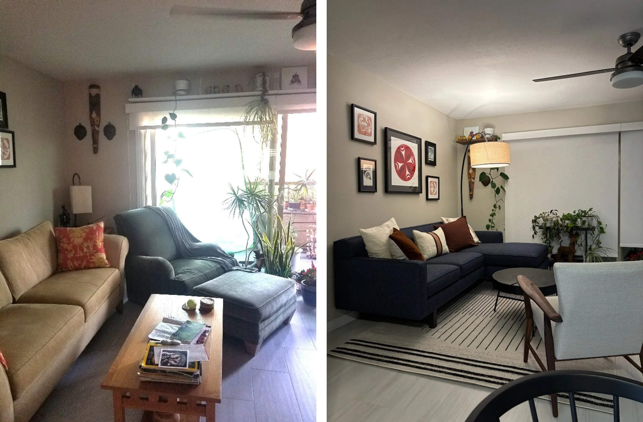 Before and after image of a living room transformation in San Diego