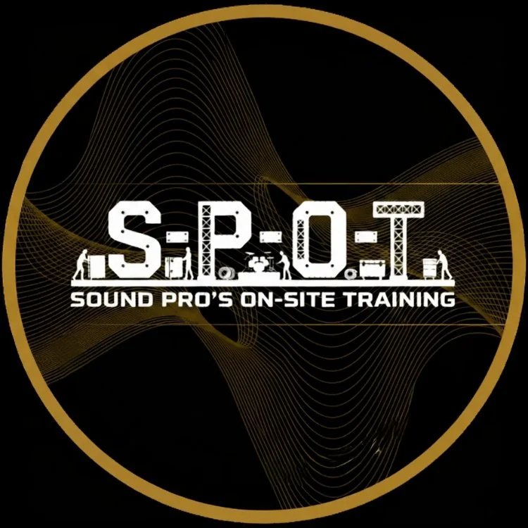 Logo for S.P.O.T. Sound Pro's On-Site Training, featuring a black background with gold wave lines and icons of sound equipment.