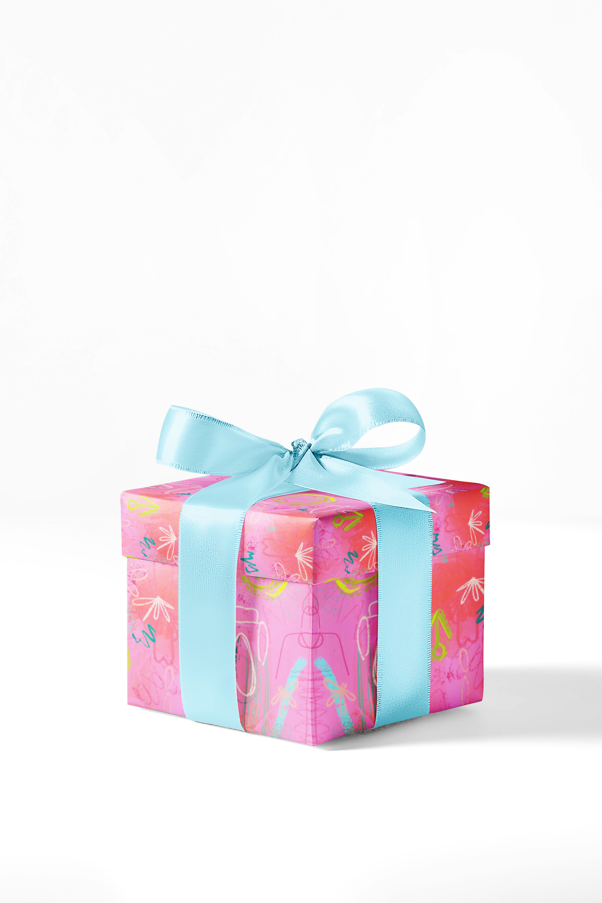 A premium wrapping paper sheet in a modern, abstract design in bright colors on top of a hot pink background.