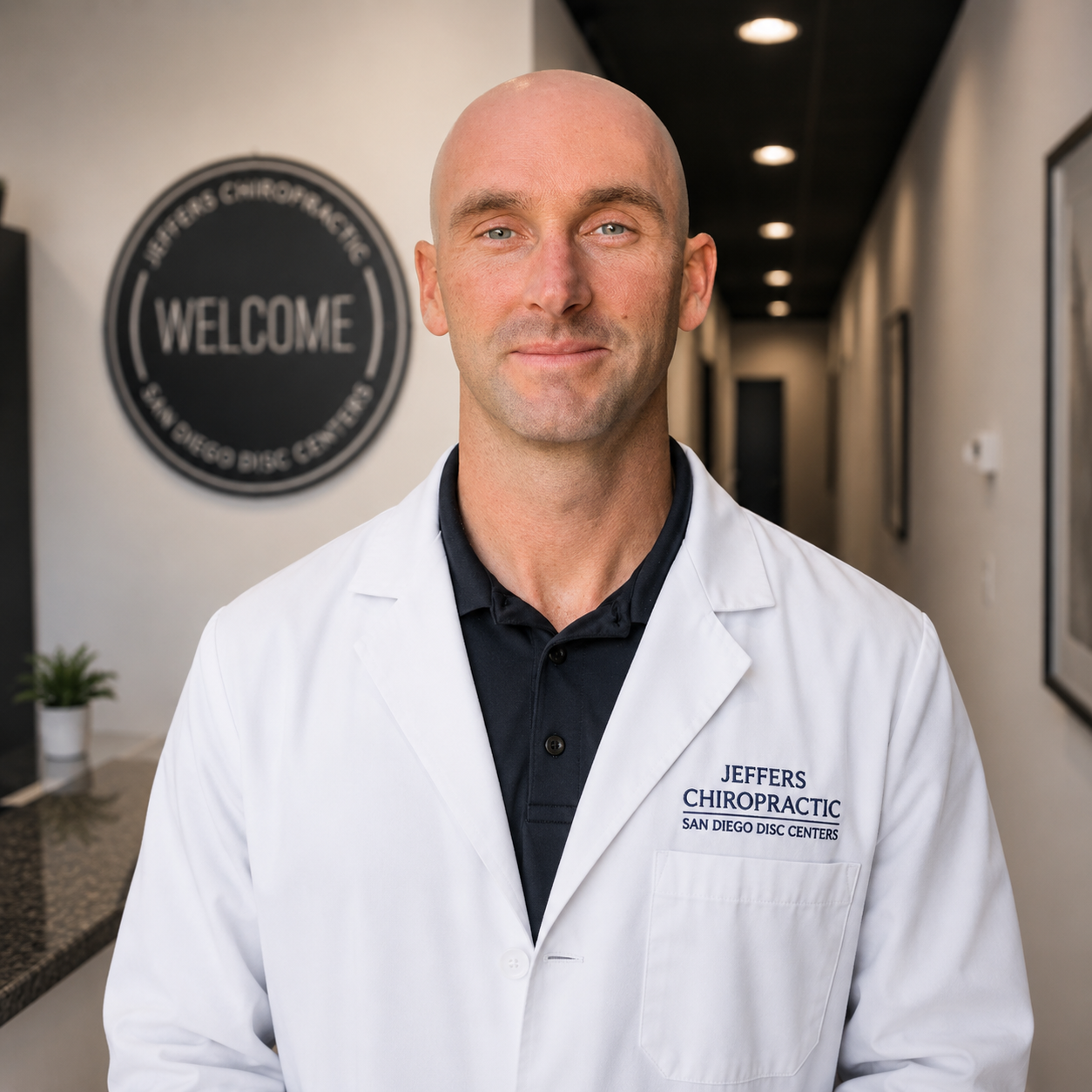 A male chiropractor in a white coat standing in a modern clinic with a welcoming sign on the wall behind him.
