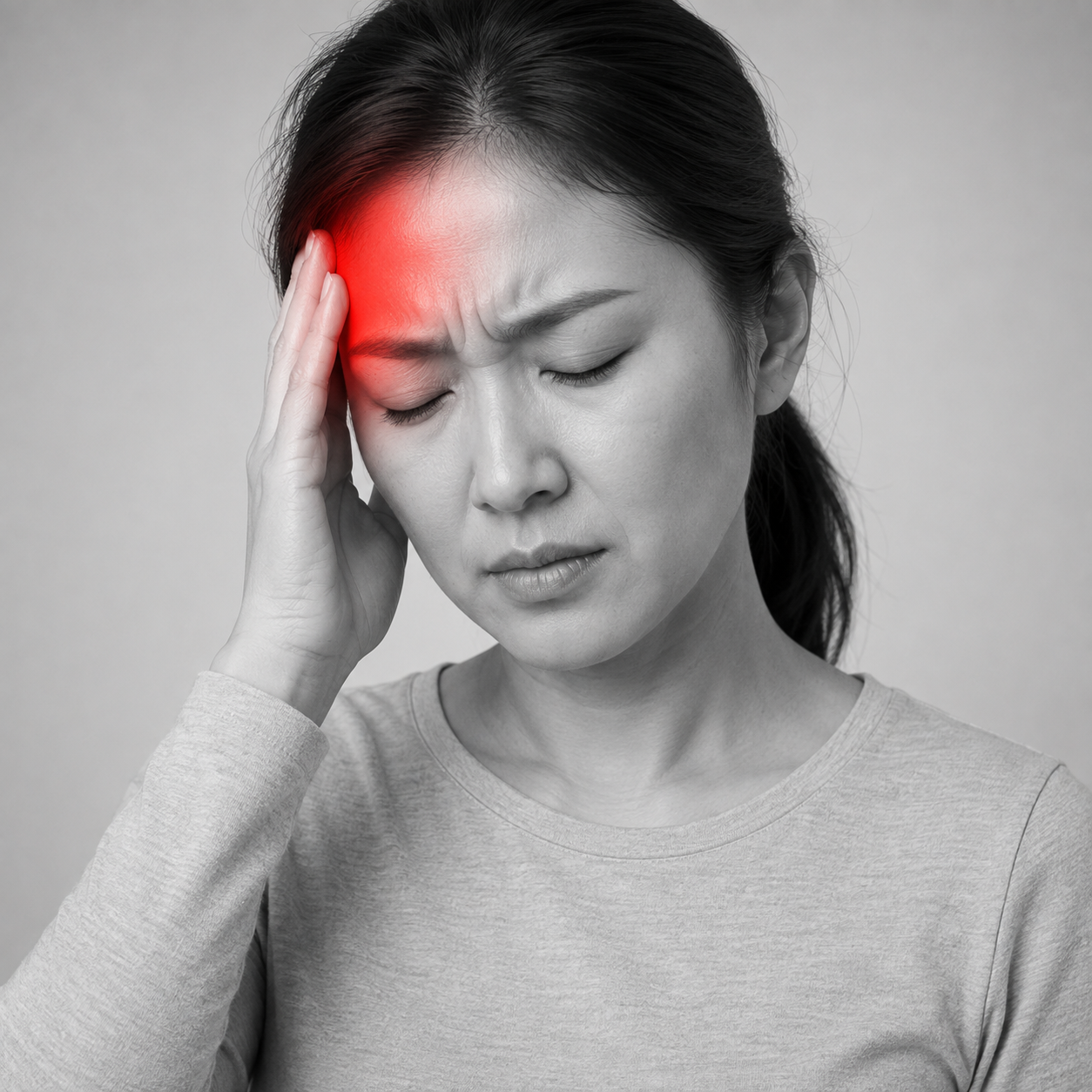 Woman holding her hand to her forehead in migraine or headache pain