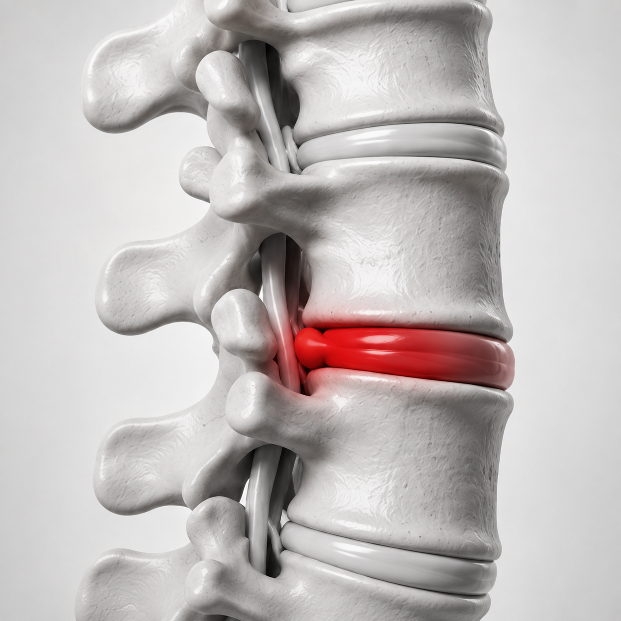 A detailed medical model of the human spine, highlighting a herniated disc in red.