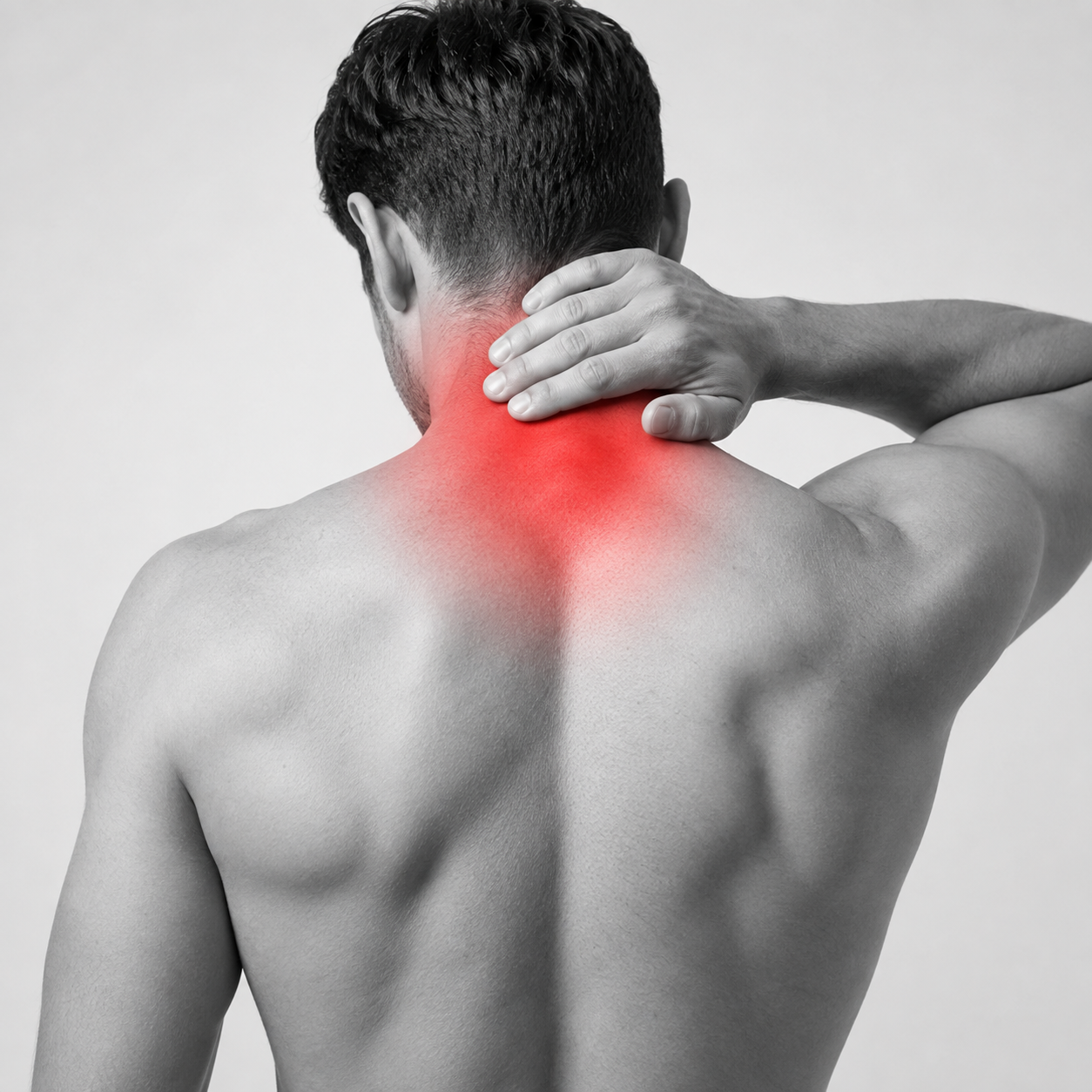 A black-and-white photo of a Man holding the back of his neck in pain