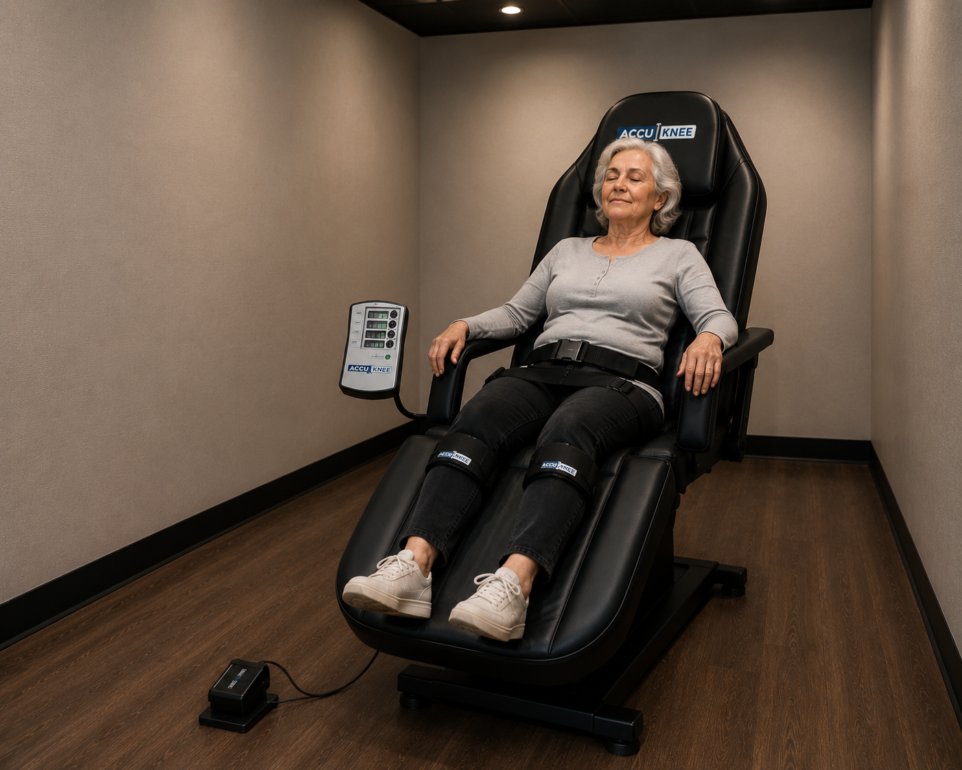 An older woman is sitting in a knee decompression chair having gentle treatment applied