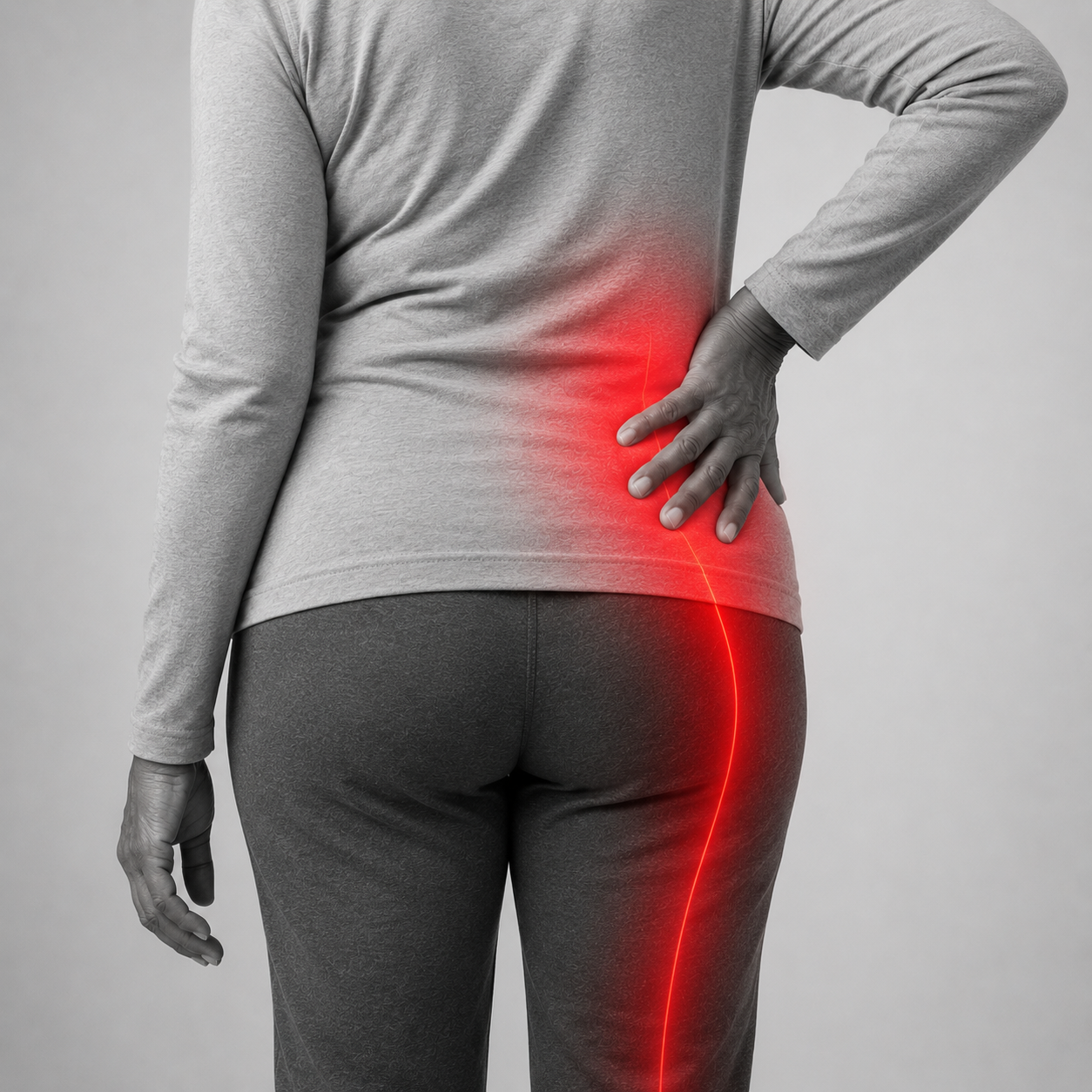 Woman holding her lower back and hip, with sciatica pain radiating down her leg