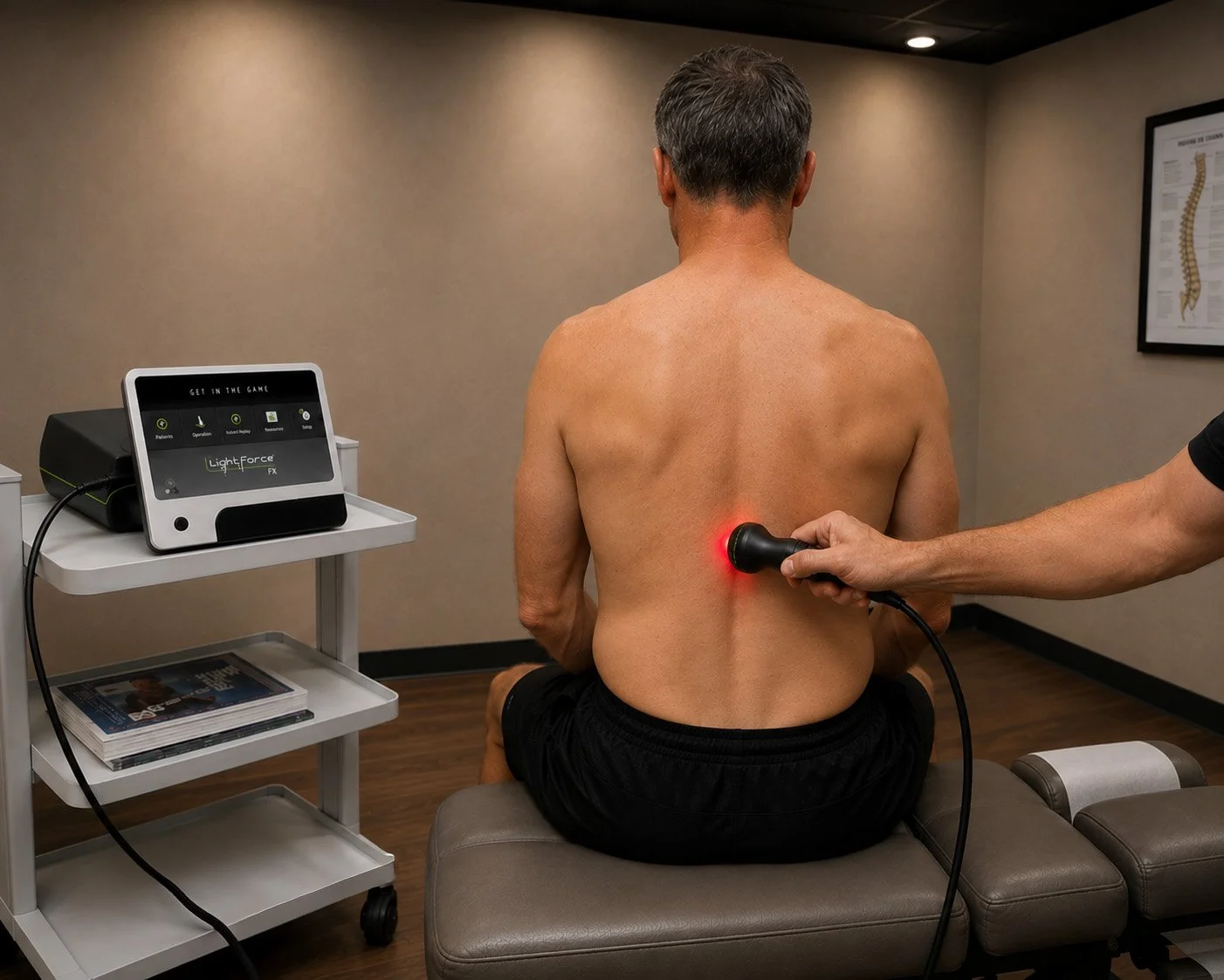 A man is sitting on an examination table while a medical professional uses a handheld class 4 laser to treat his back and pain