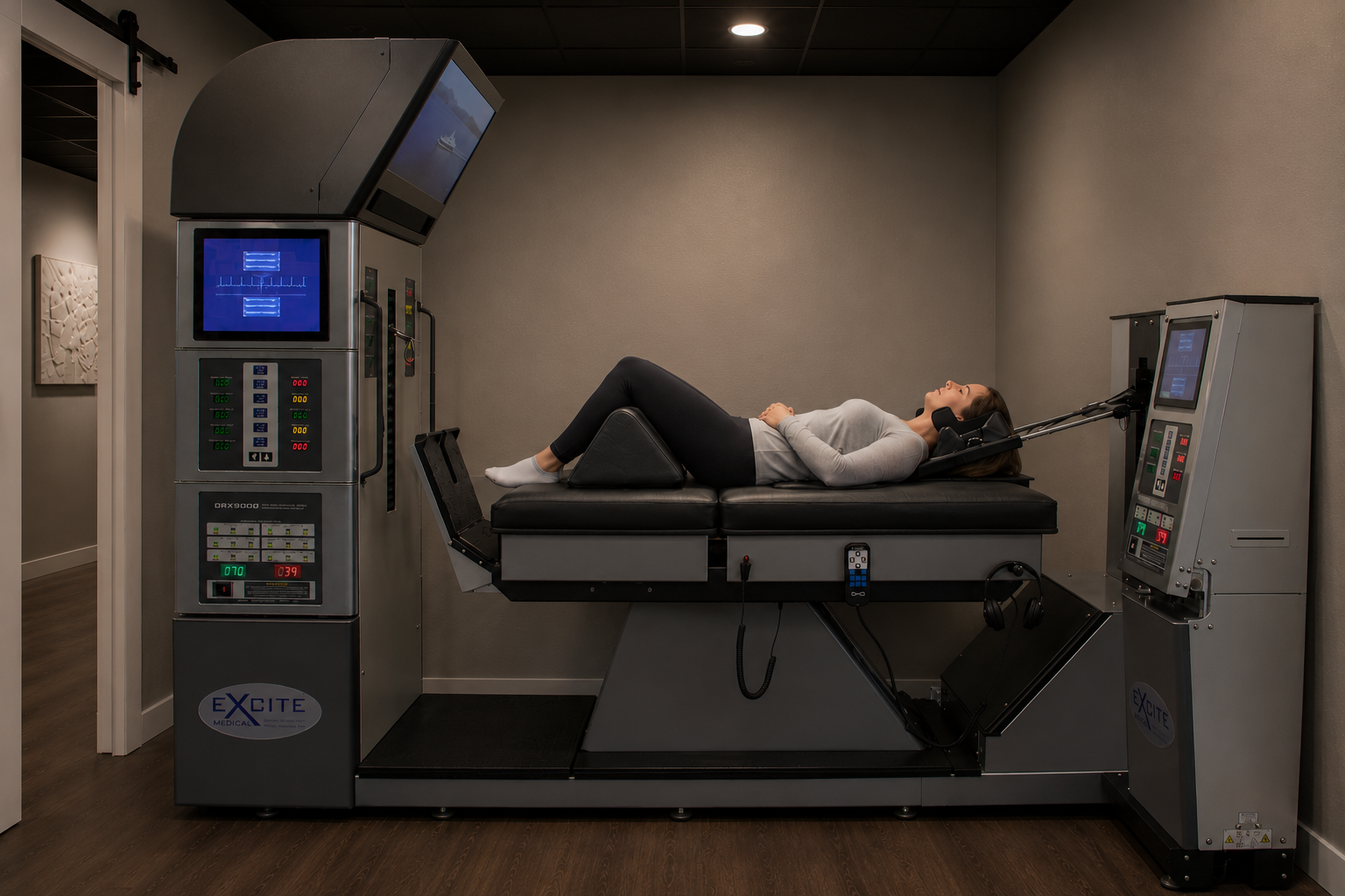 Woman lying on the DRX9000 spinal decompression machine table in the office