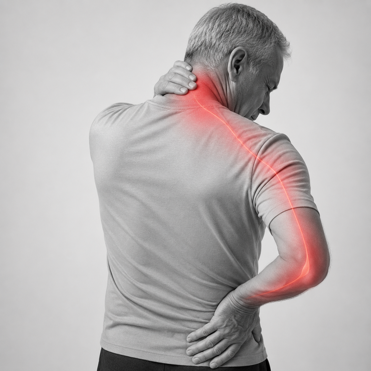 Man reaching to hold his upper back and shoulder in pain, with pain radiating down his arm