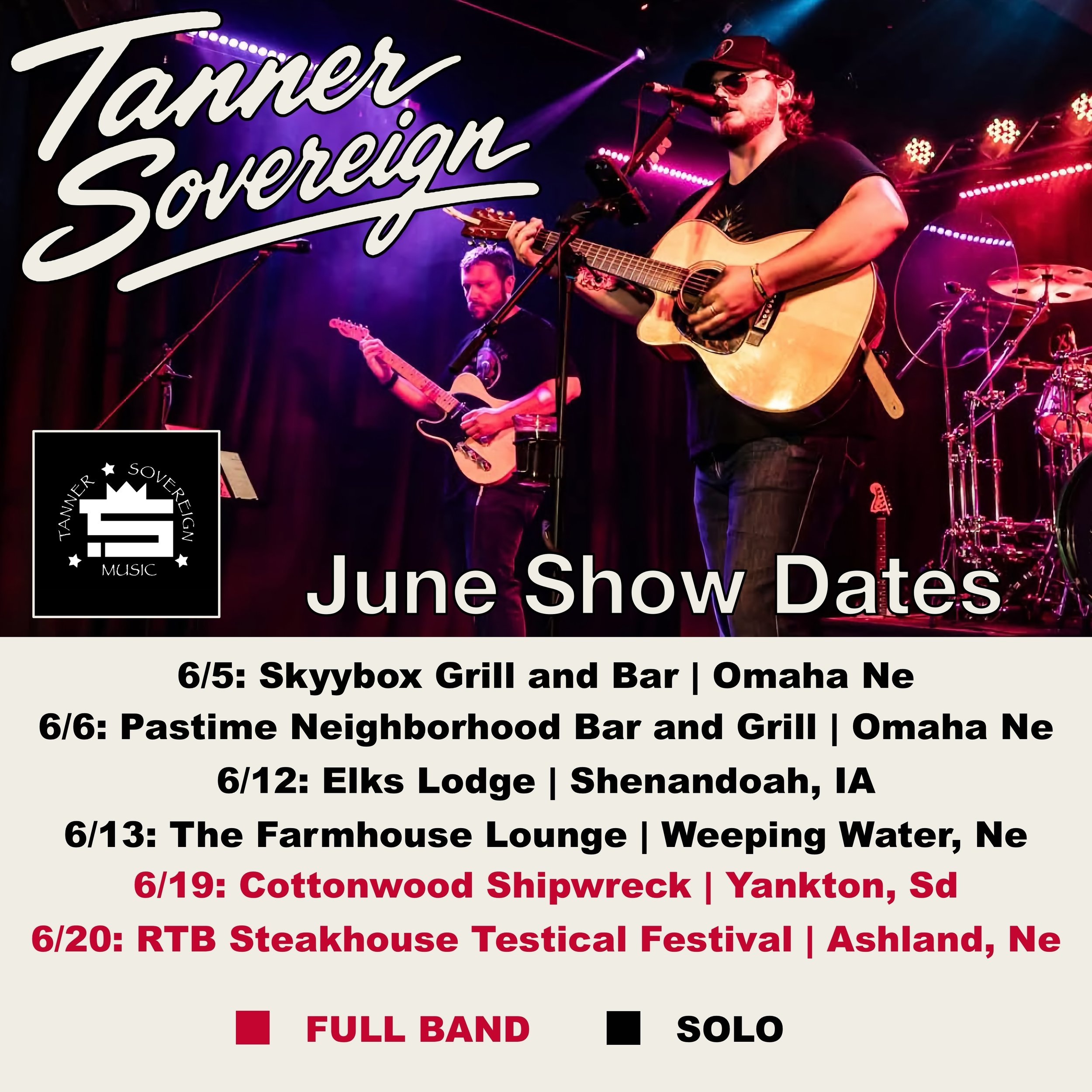 🔥JUNE SHOW DATES🔥

6/5: Skyybox Grill and Bar (8pm)
6/6: Pastime Neighborhood Bar and Grill (8pm)
6/12: Elks Lodge (5pm)
6/13: The Farmhouse Lounge (8pm)
6/19: Cottonwood Shipwreck (7pm)
6/20: Round the Bend Steakhouse Testicle Festival (4:30pm)

S