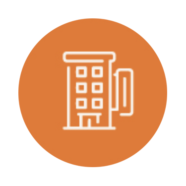 A white line drawing of a coffee mug with a cityscape pattern on it, set against an orange circular background.