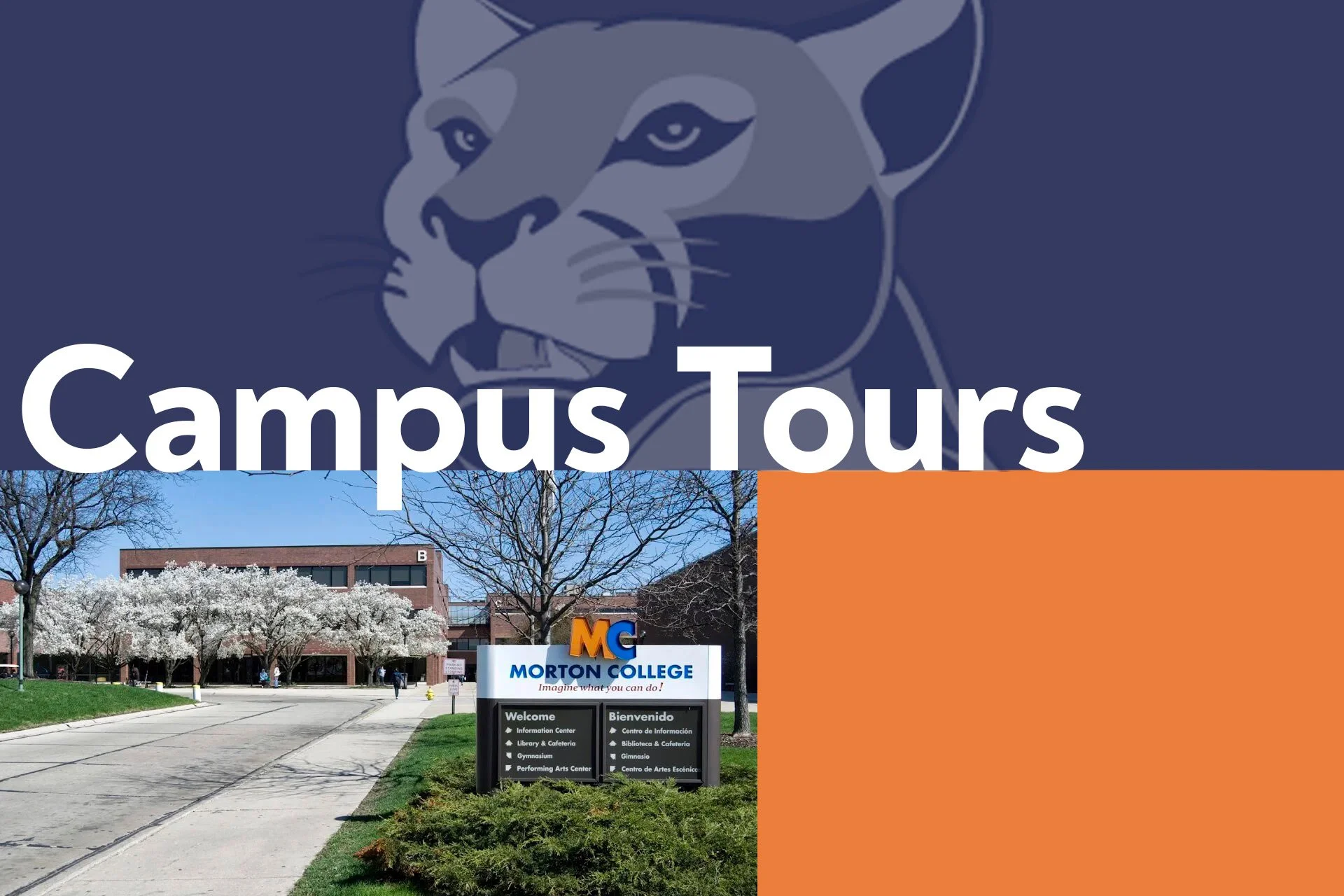 Campus tour promotional image from Morton College with a large college logo and photo of the campus entrance featuring trees and buildings.