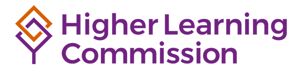 Logo of Higher Learning Commission with purple text and a geometric icon on a black background