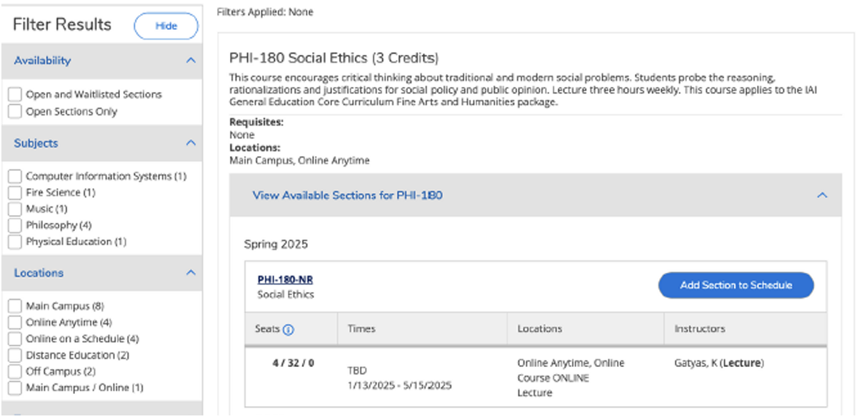 Course search page with term and subject dropdown menus