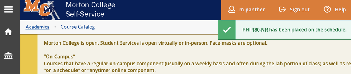 Confirmation message indicating a course has been added to the schedule