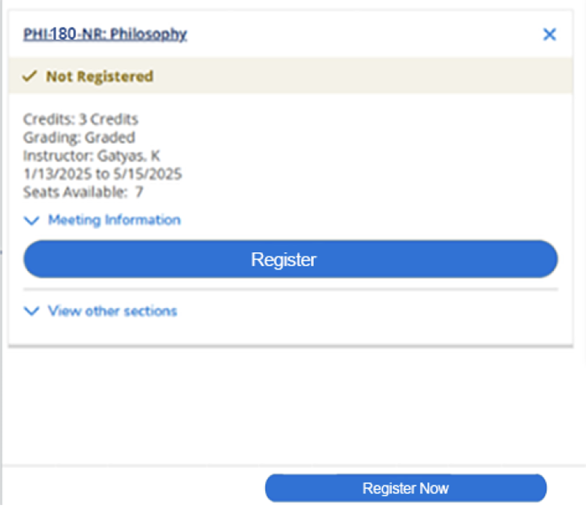 Academic registration webpage showing course PHIL180-NE: Philosophy with details, registration buttons, and option to view other sections.