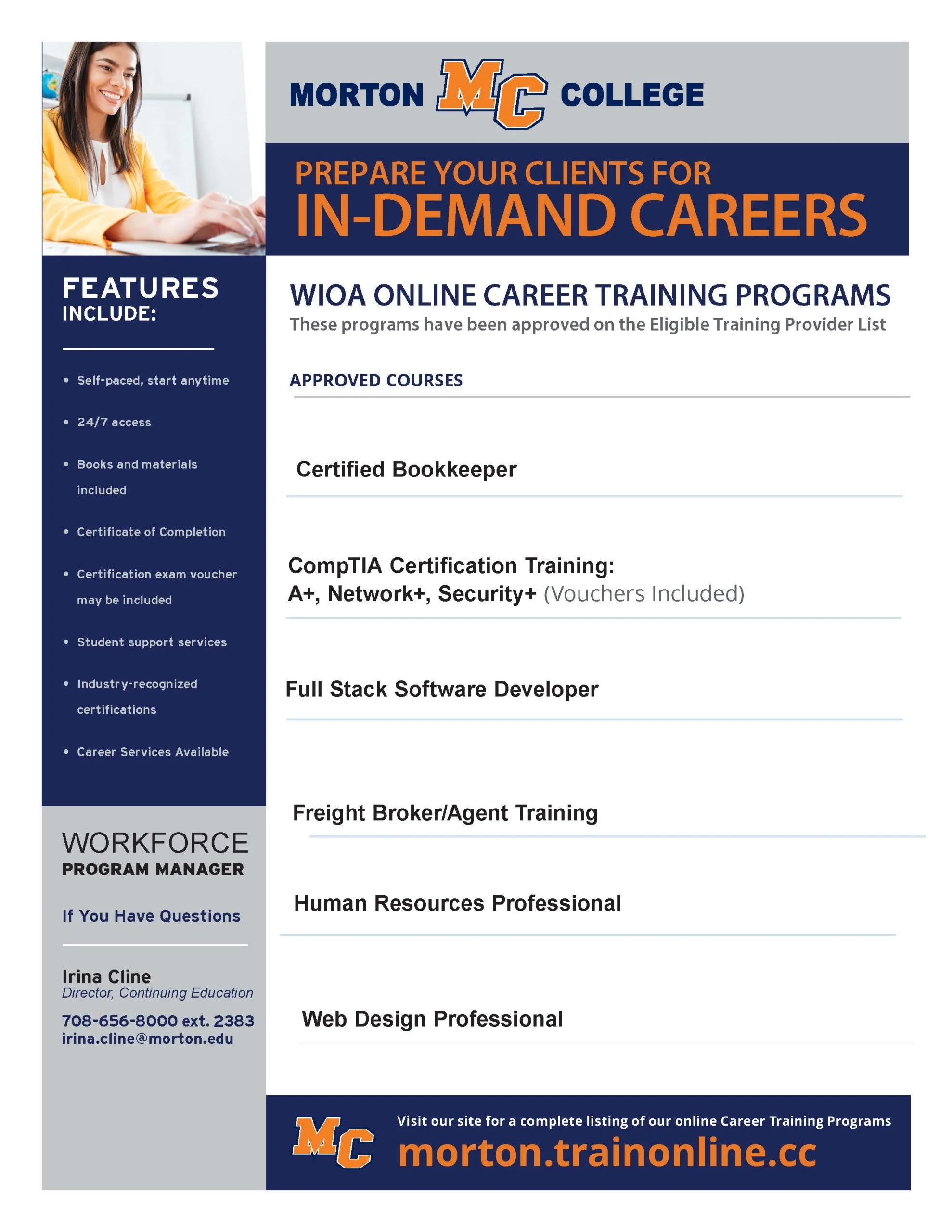 A promotional flyer for Morton College's online career training programs featuring a smiling woman in a yellow blazer, and details of various certification courses and contact information.