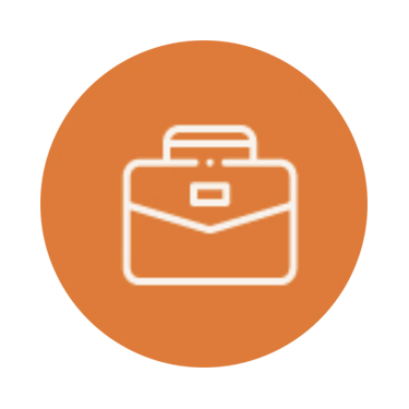Icon of a briefcase inside an orange speech bubble.