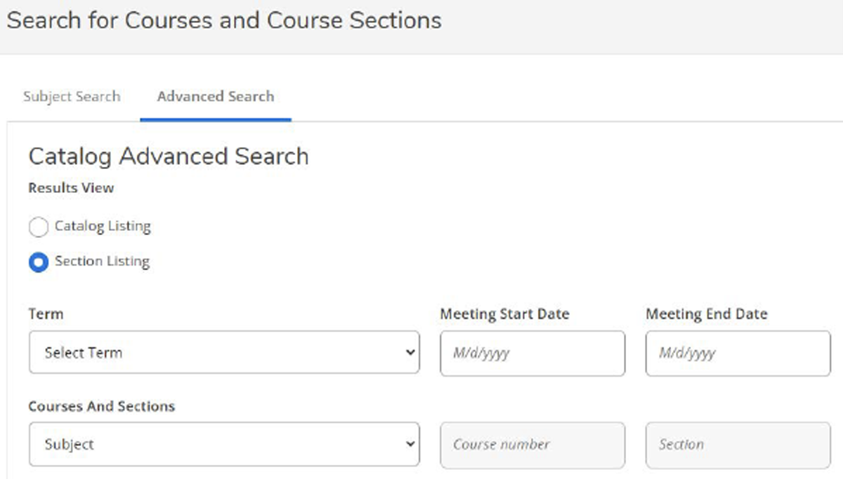 Course search page with term and subject dropdown menus