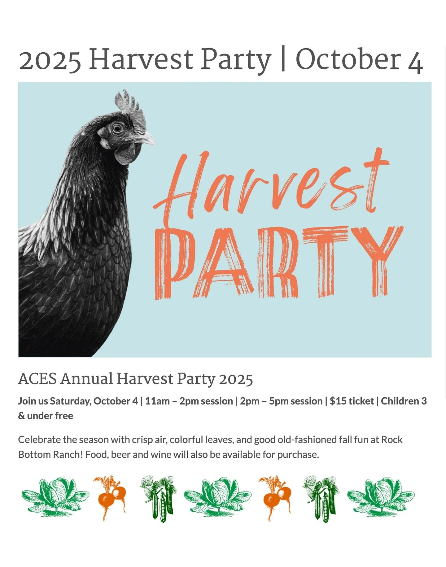 Save the date: Saturday, October 4 for @acesaspen annual Harvest Party at Rock Bottom Ranch! Sweet Jessup plays 11am-2pm. 
Tickets include a pumpkin for carving, hayride farm tours, ranch games, photo booth, kids crafts, apple cider pressing, and mor