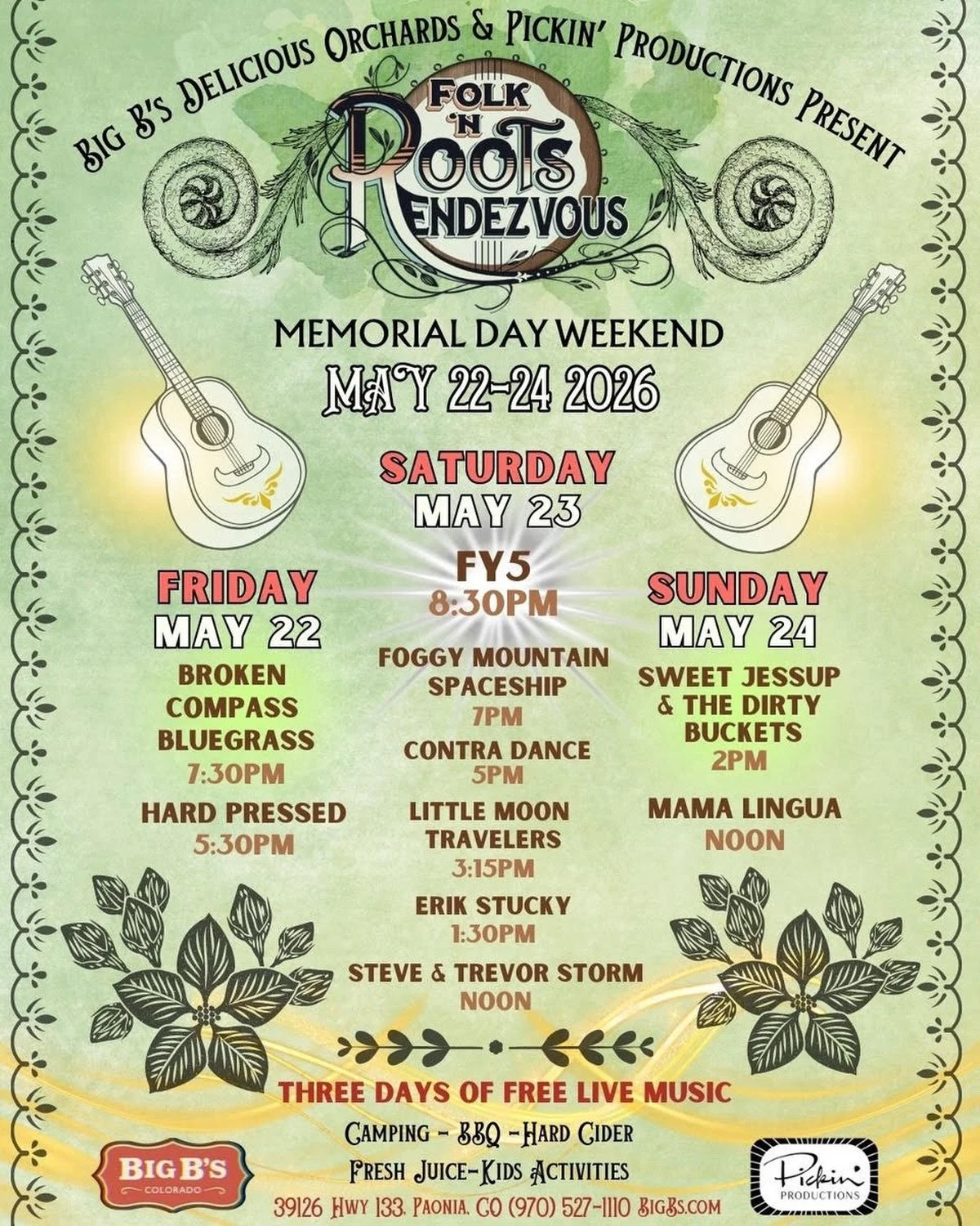 We are so happy to be returning to Big B&rsquo;s in Paonia to play with all these other musicians over Memorial Day weekend! It was one of our highlights from our summer in 2025 to play there, and this three day event is going to be a sweet one. Come