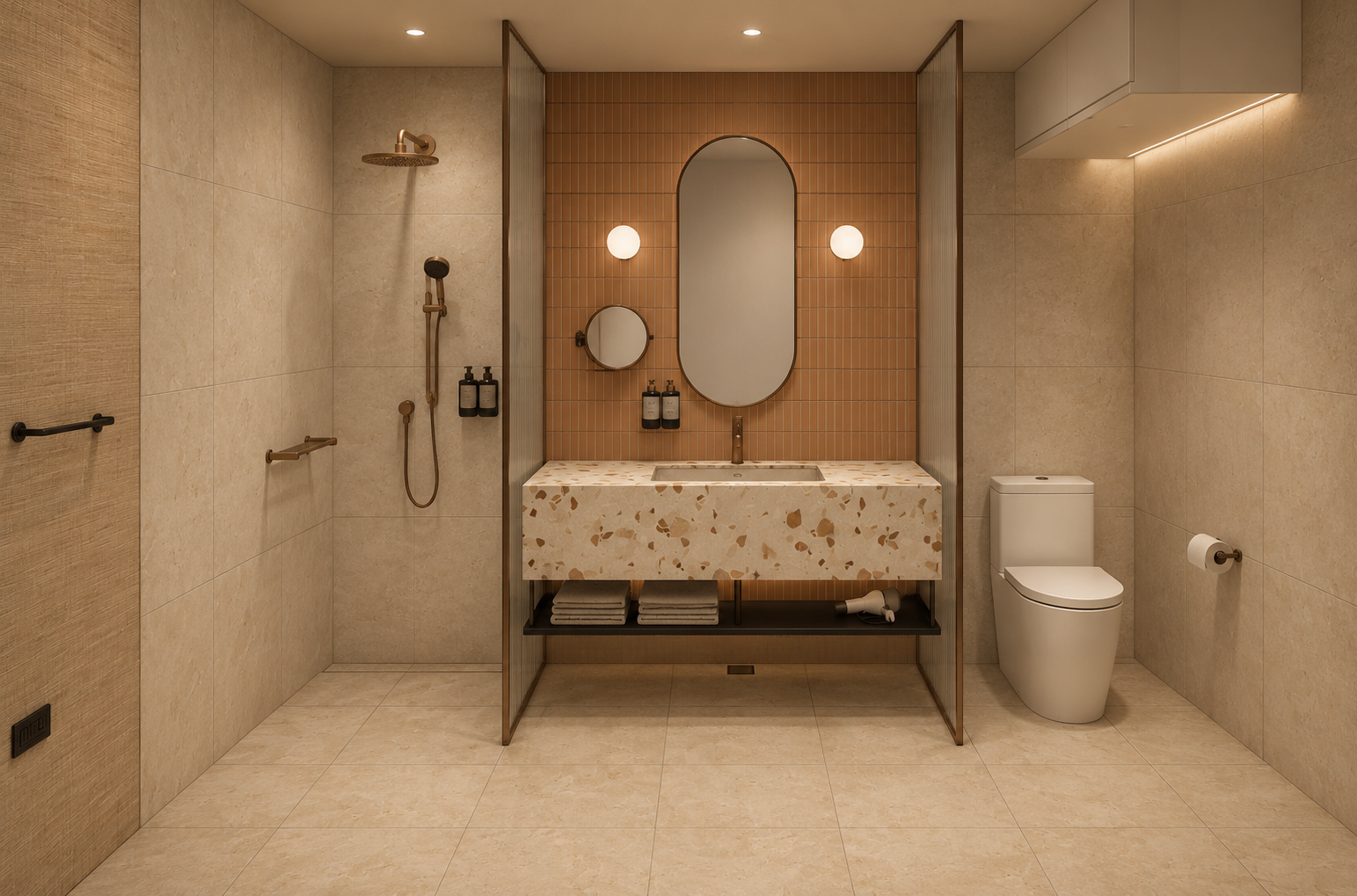 Modern bathroom with walk-in shower, terrazzo vanity, large mirror, warm lighting, and toilet.