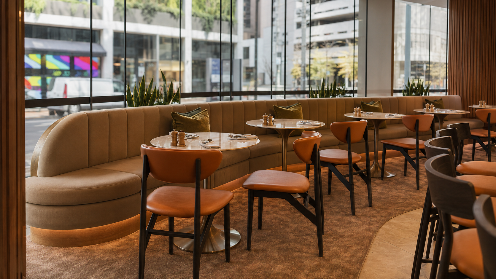 Empty restaurant seating area with beige curved banquette, orange chairs, and round tables set with silverware and salt and pepper shakers, large windows showing city street outside.