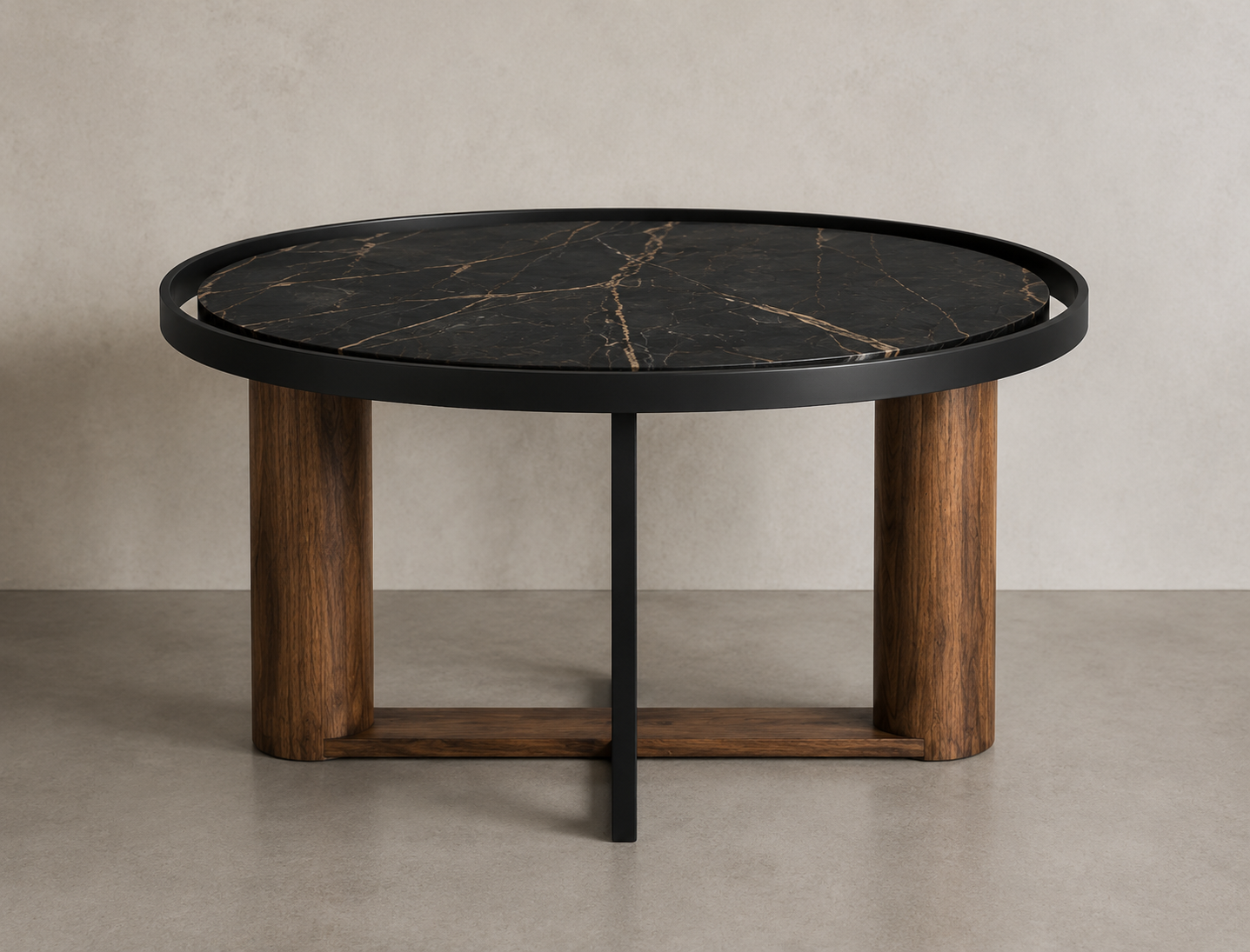 Modern round coffee table with a black marble top, black metal rim, wooden legs, and a rectangular wooden support on the floor.