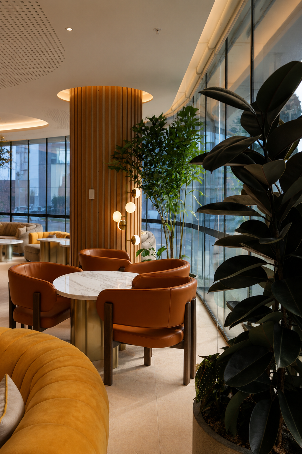 Modern lounge area with a marble-topped round table, four brown leather chairs, large green indoor plants, and floor-to-ceiling windows letting in natural light.