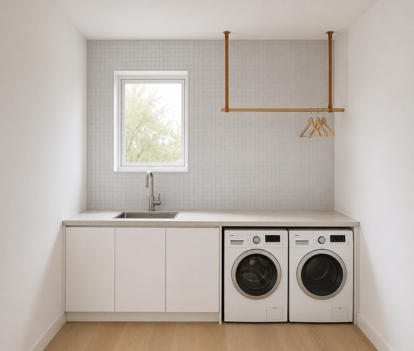 A laundry room with a window above a white countertop, a small sink, and a faucet. Below the countertop are white cabinets and two front-loading washers. A wooden hanging rod with hangers is mounted on the tiled wall to the right of the window.