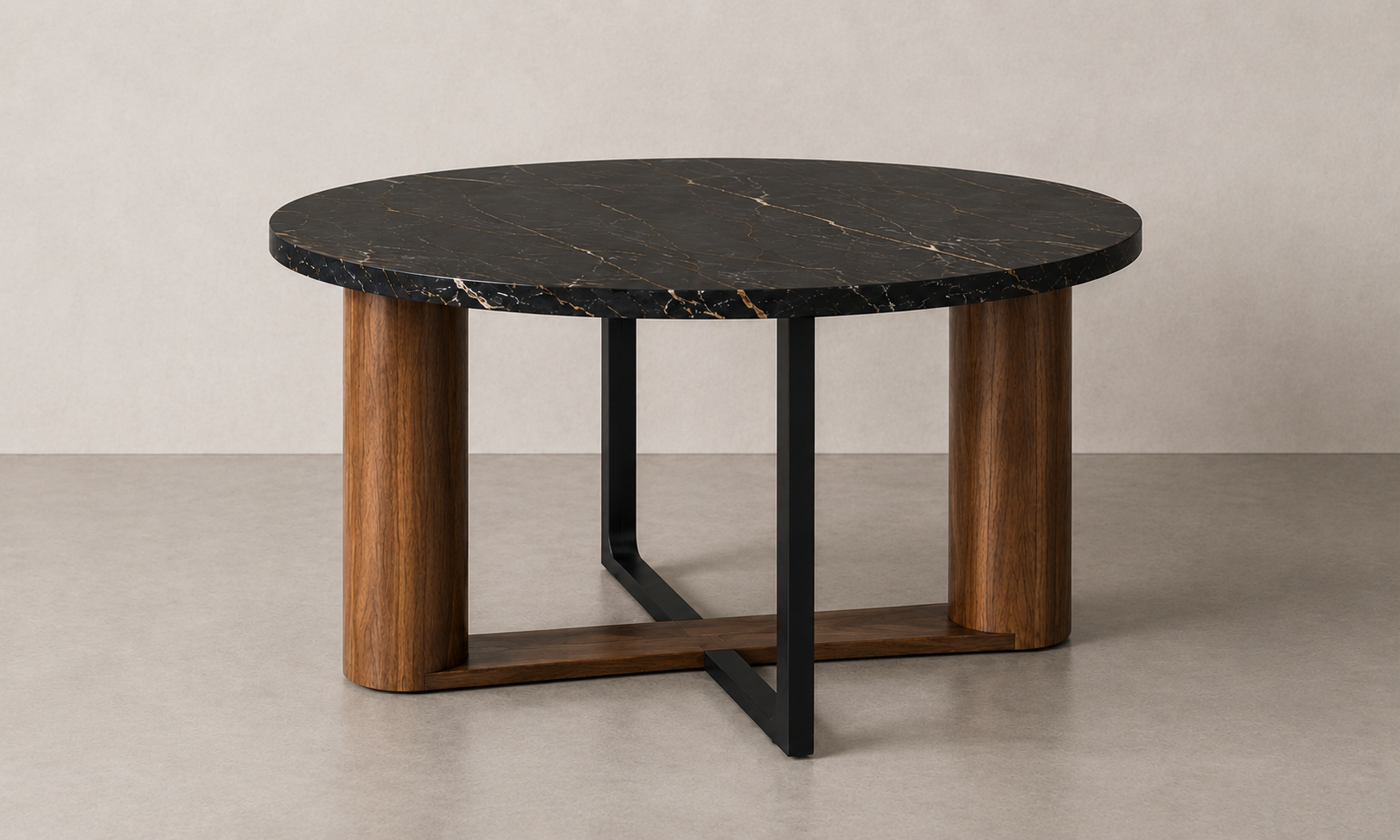 A modern side table with a black marble top, wooden legs, and black metal accents.