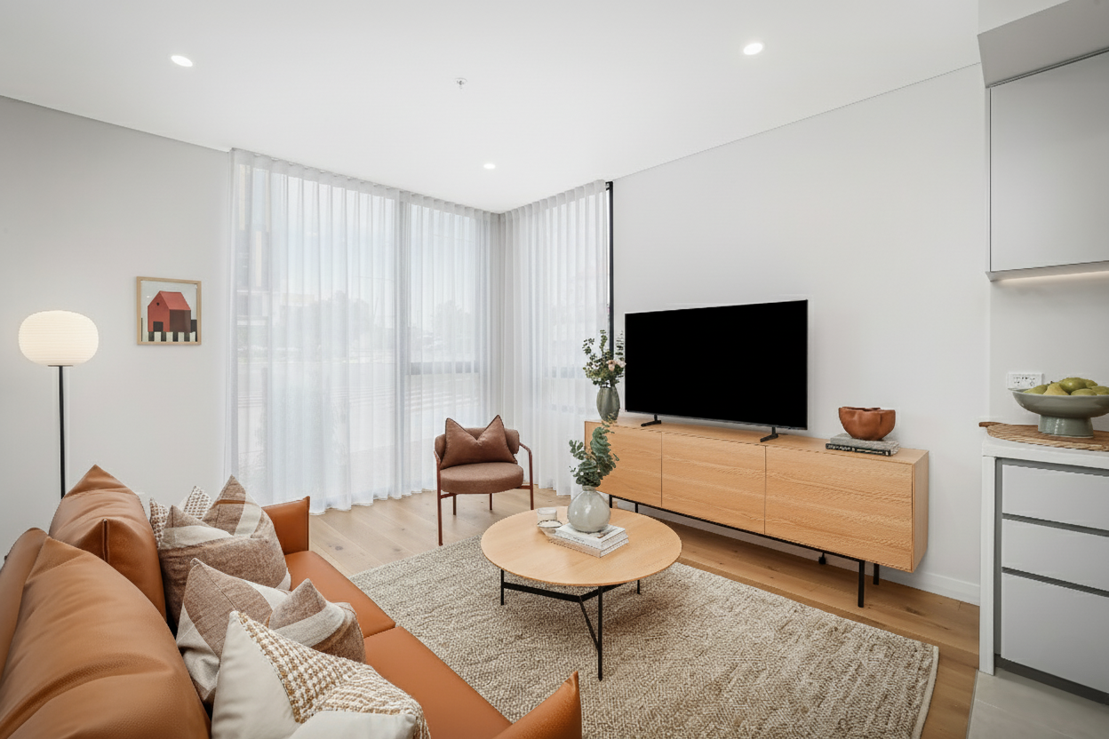 Modern living room with tan leather sofa, brown armchair, white curtains, light wood furniture, flat-screen TV, decorative items, and a beige area rug.
