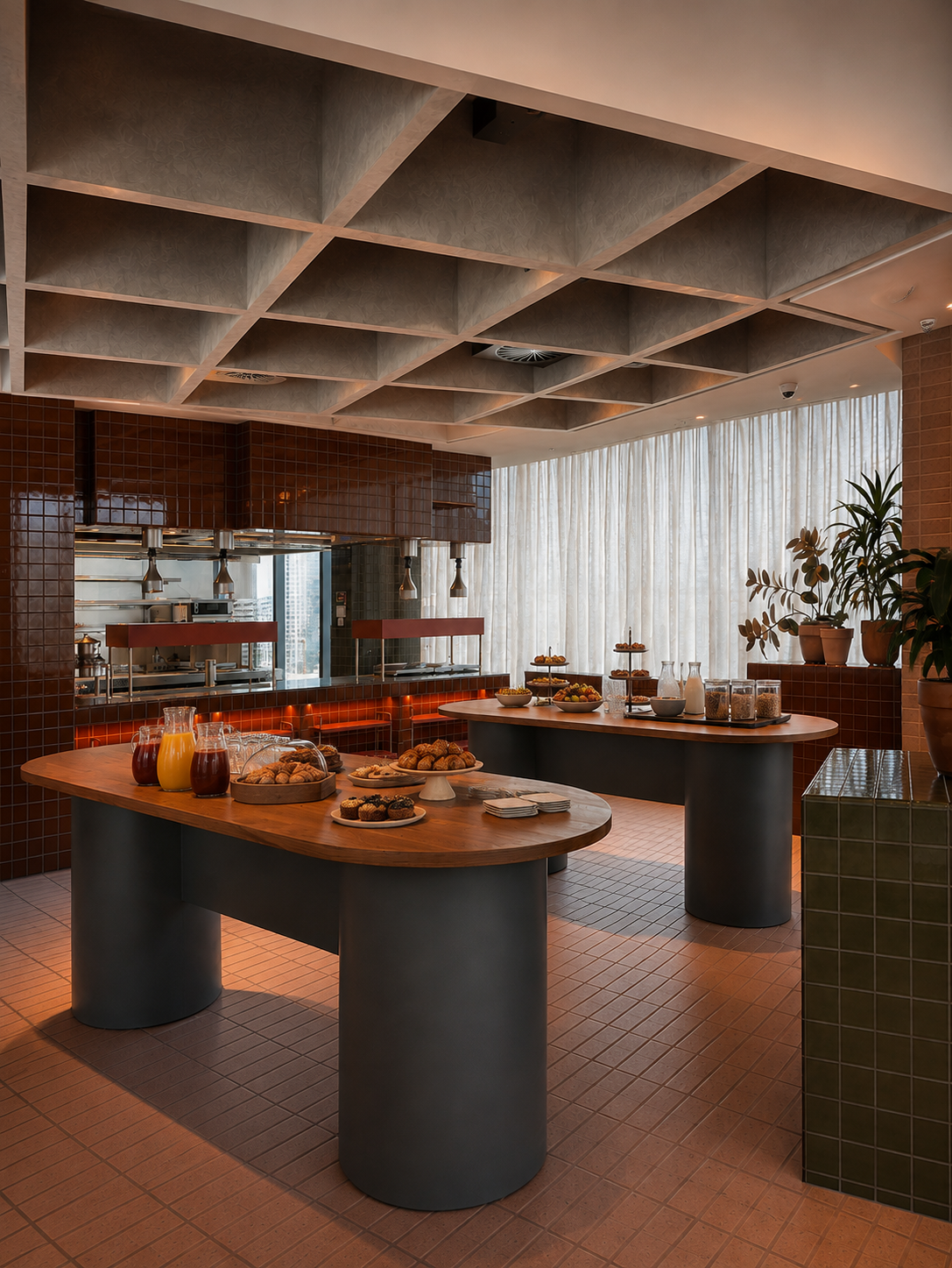Breakfast buffet setup with jars of juice, plates of pastries, muffins, and bowls of cereal on a wooden table in a modern restaurant with large windows and potted plants.