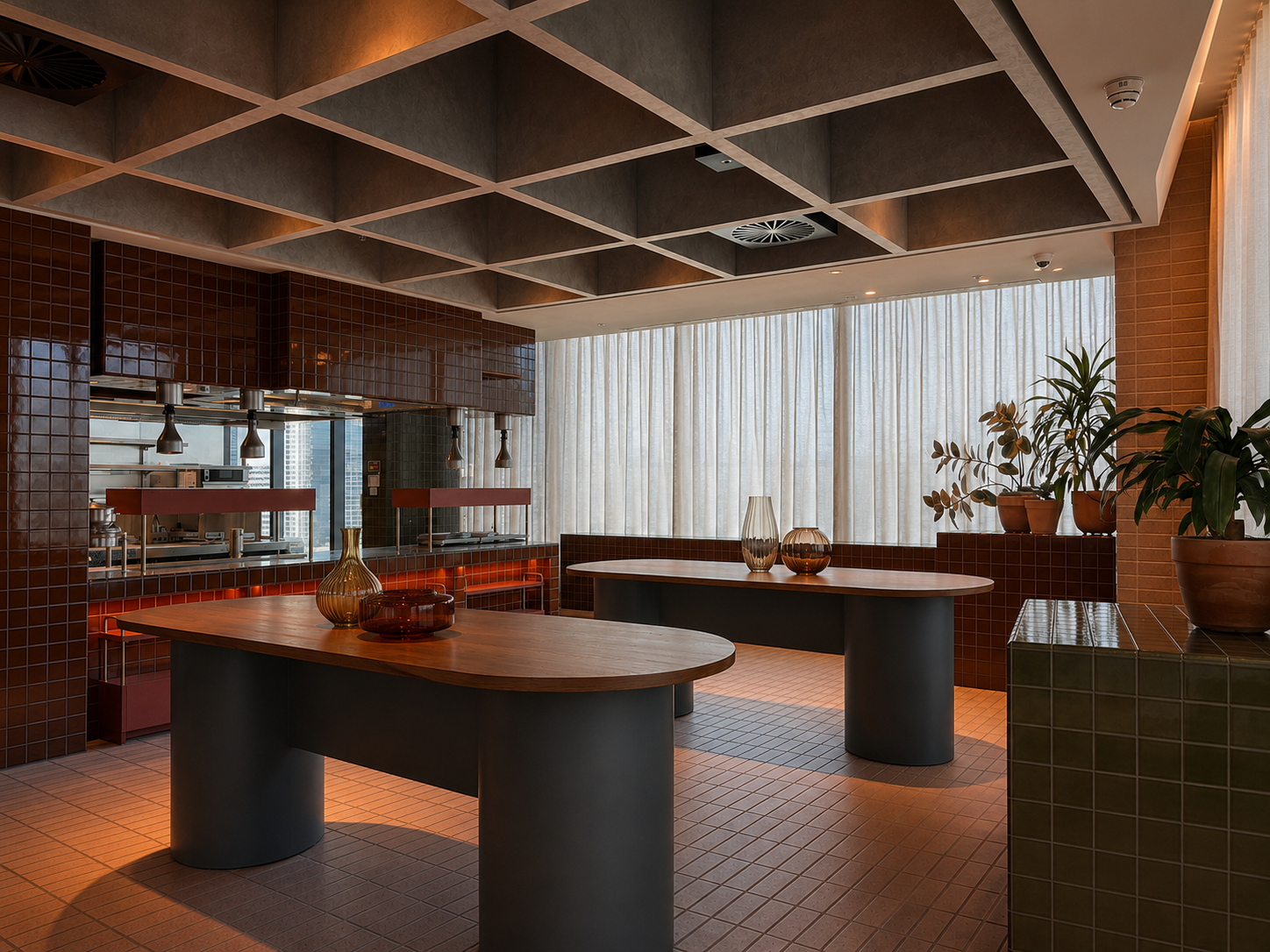 Modern restaurant interior with dark tables, decorative vases, potted plants, and large windows with white curtains.